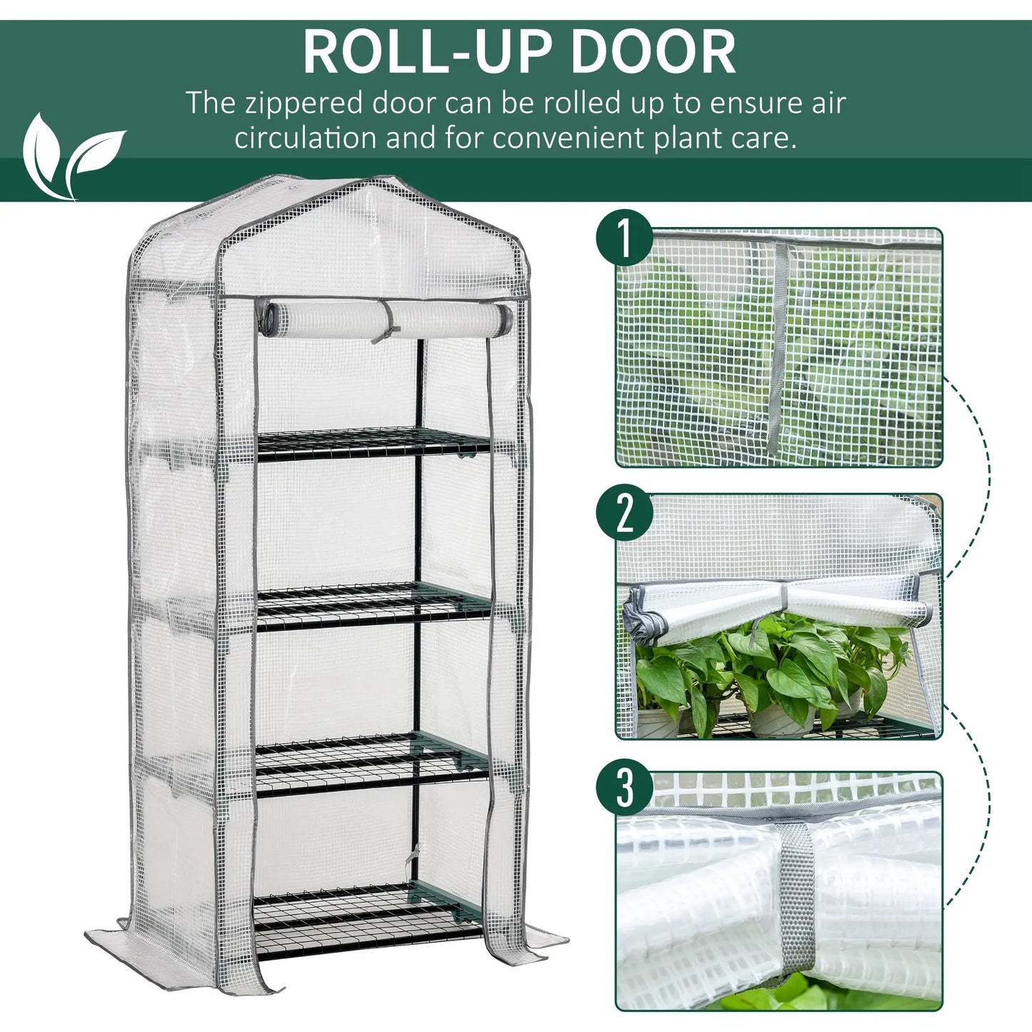 Portable Greenhouse With 4 Tier Shelves, Steel Frame, PE Cover, 28" x 20" x 63", White