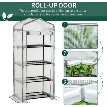 Portable Greenhouse With 4 Tier Shelves, Steel Frame, PE Cover, 28" x 20" x 63", White