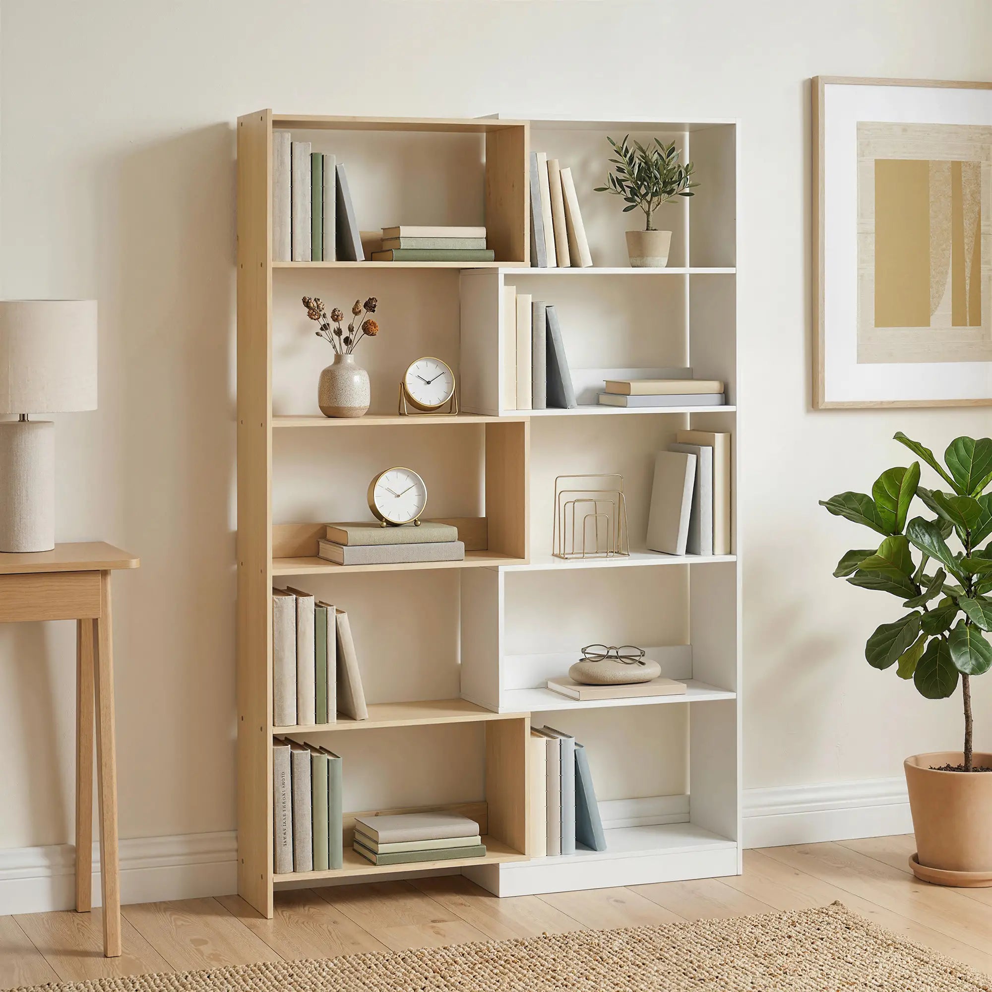 Corner Bookshelf, 5-Tier L-Shaped Bookcase with 350° Rotating Design, Two-Tone Design, Fruitwood/White Display Bookshelves at Gallery Canada