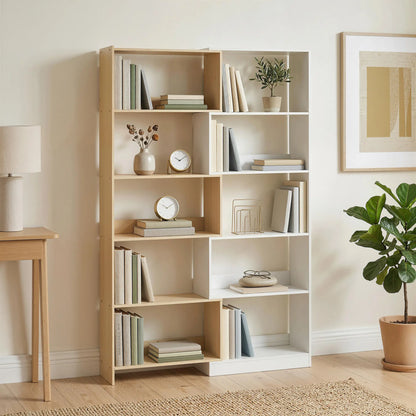 Corner Bookshelf, 5-Tier L-Shaped Bookcase with 350° Rotating Design, Two-Tone Design, Fruitwood/White Display Bookshelves at Gallery Canada