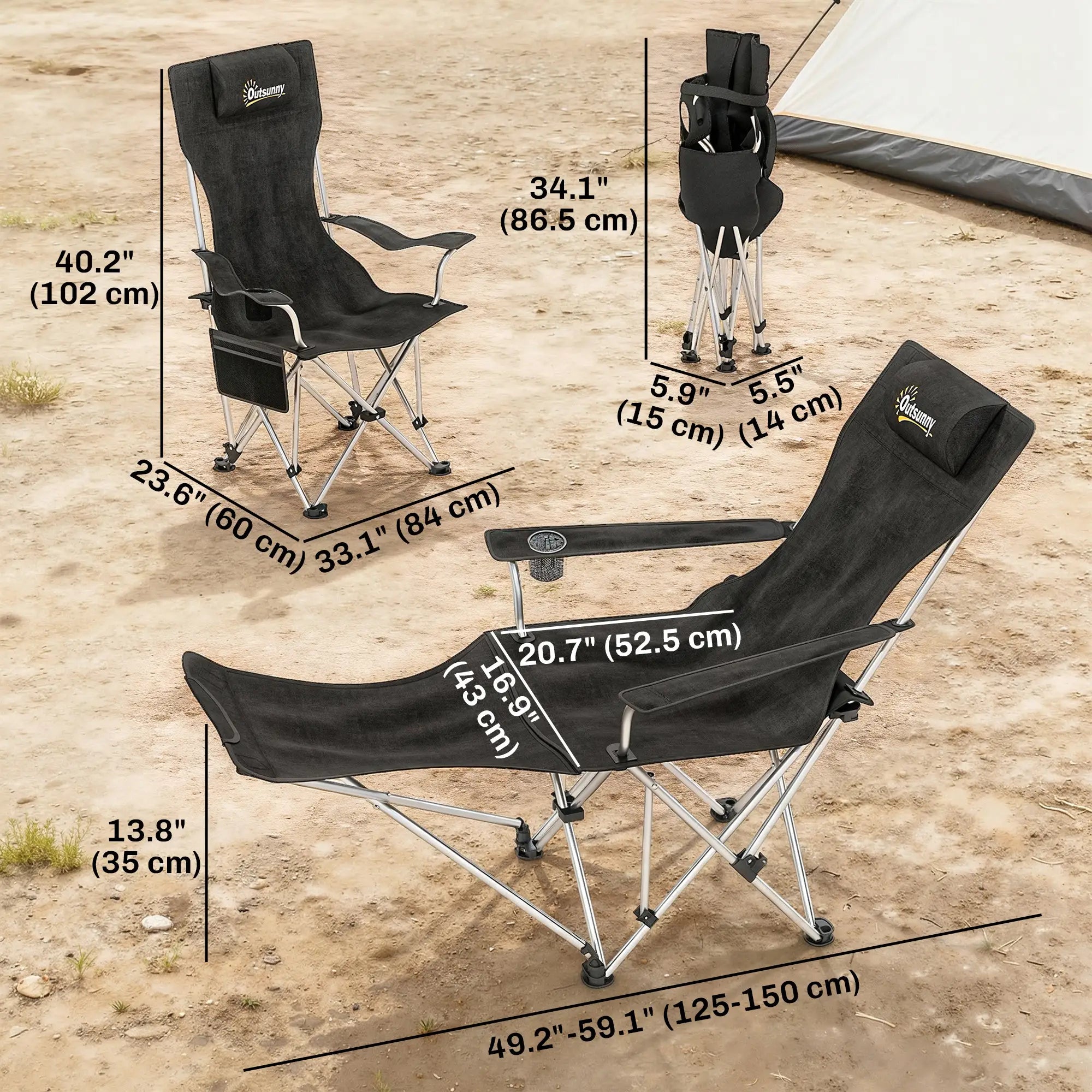Set of 2 Reclining Camping Chairs with Foot Rest, Headrest, Cup Holder, Storage Bag, Black Picnic Tables & Camping Chairs at Gallery Canada