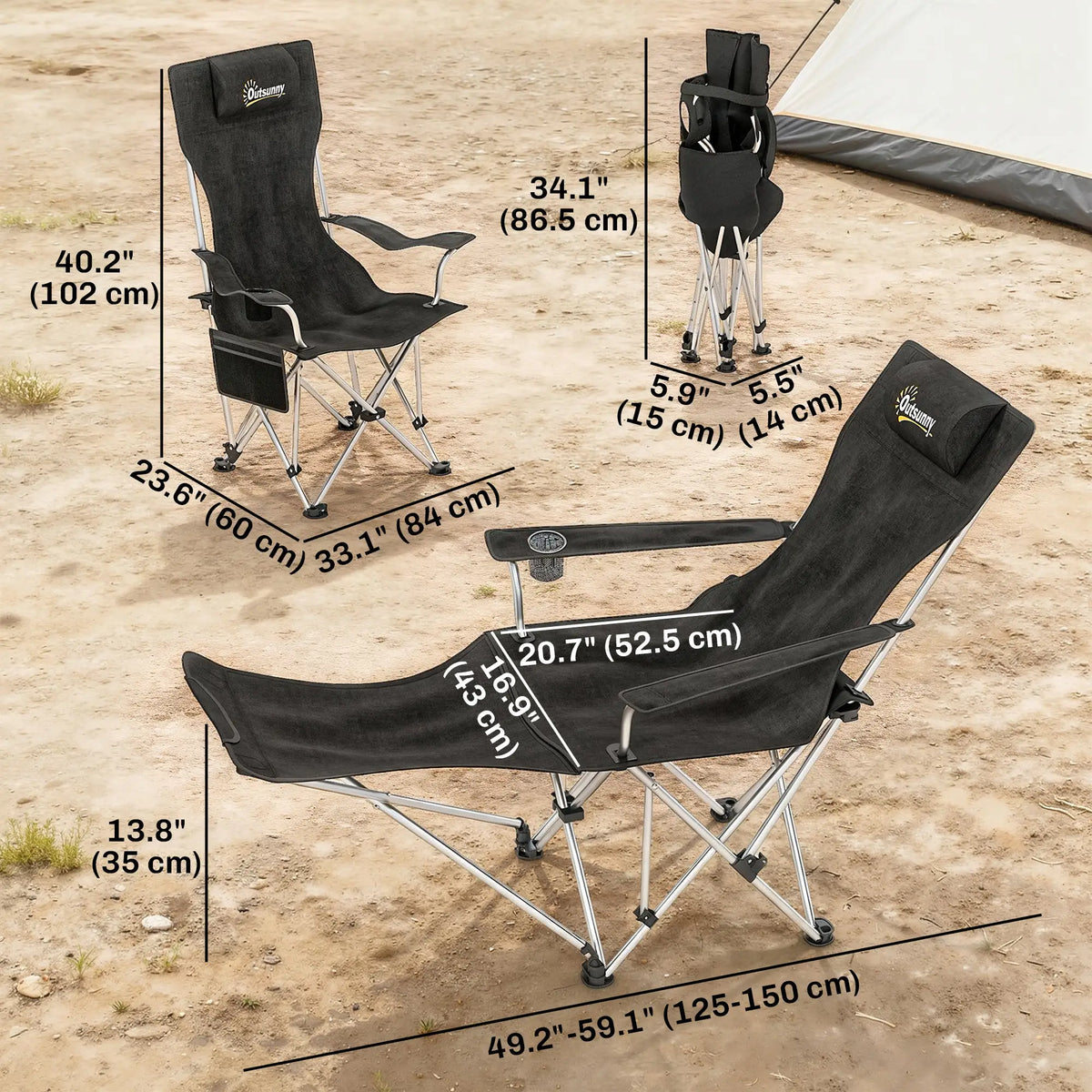 Set of 2 Reclining Camping Chairs with Foot Rest, Headrest, Cup Holder, Storage Bag, Black Picnic Tables & Camping Chairs at Gallery Canada