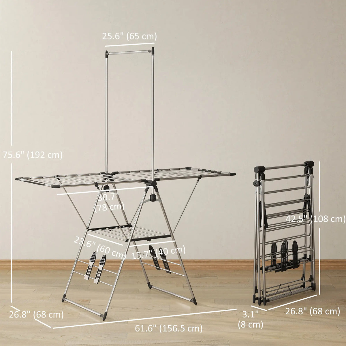 Foldable Stainless Steel Clothes Drying Rack, Adjustable Gullwings, Silver Bath Accessories at Gallery Canada
