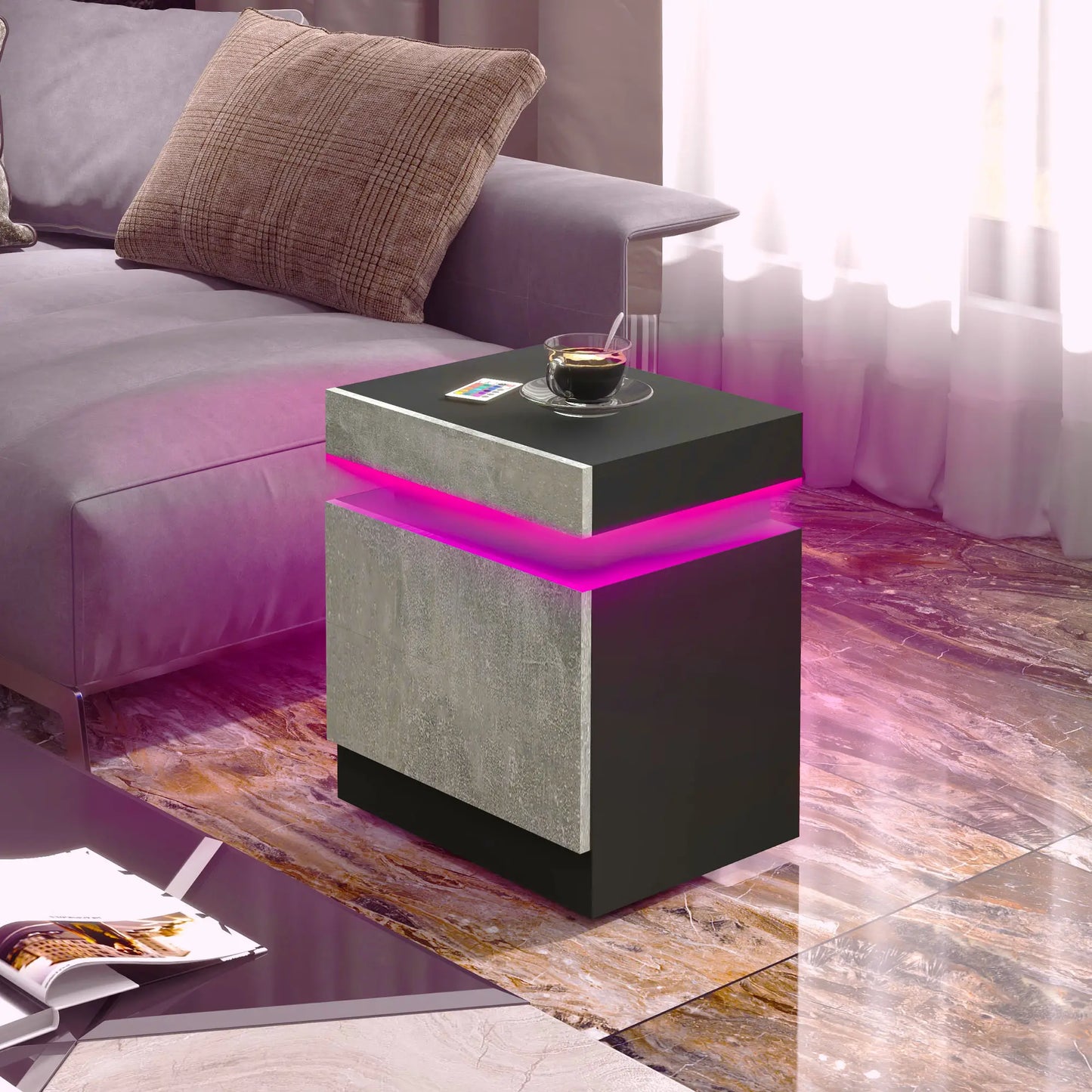 Nightstand, LED Lights, 2 Drawers, Cement Grey Bedside Tables at Gallery Canada