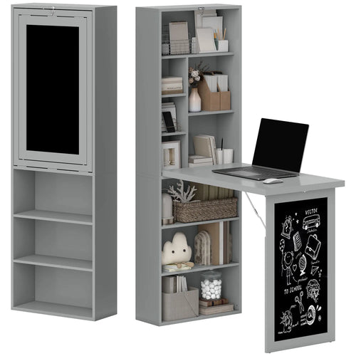 Fold-Out Convertible Office Desk, Wall Mount, Blackboard, Shelf, Charcoal Grey
