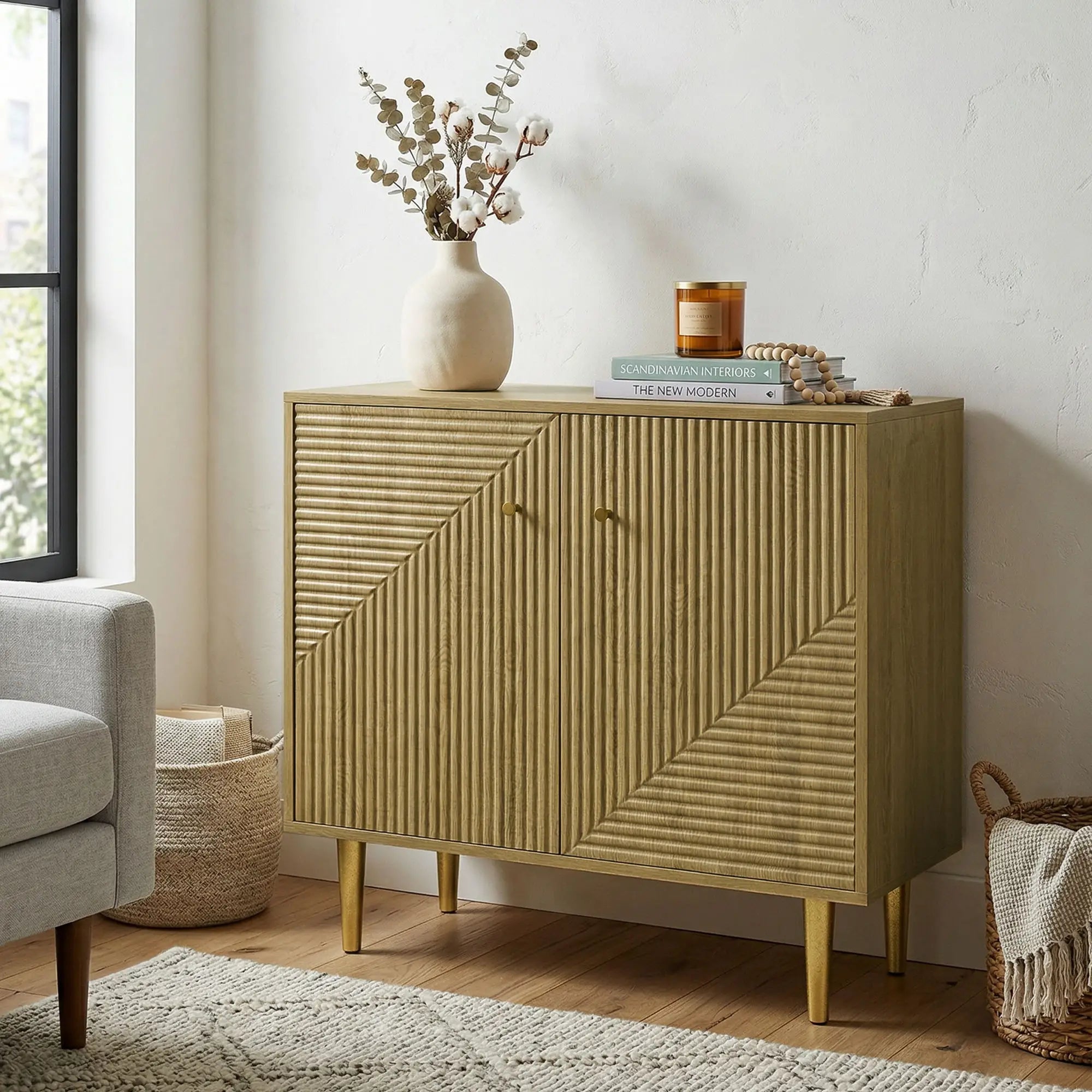 Oak Sideboard With Adjustable Shelf, 2 Doors, Gold Steel Legs, Gold Storage Cabinets at Gallery Canada