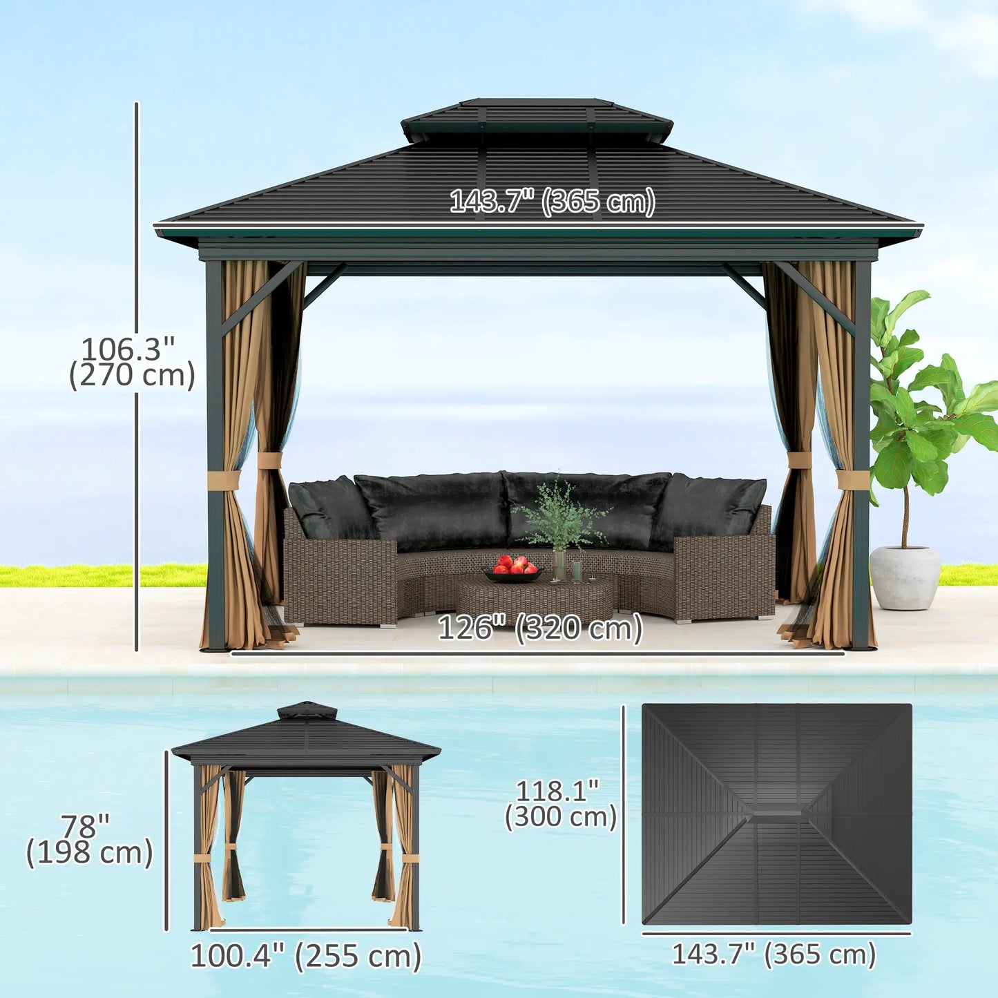 10' x 12' Hardtop Gazebo, Double Tier Roof, Mosquito Net, Dark Brown Gazebos at Gallery Canada