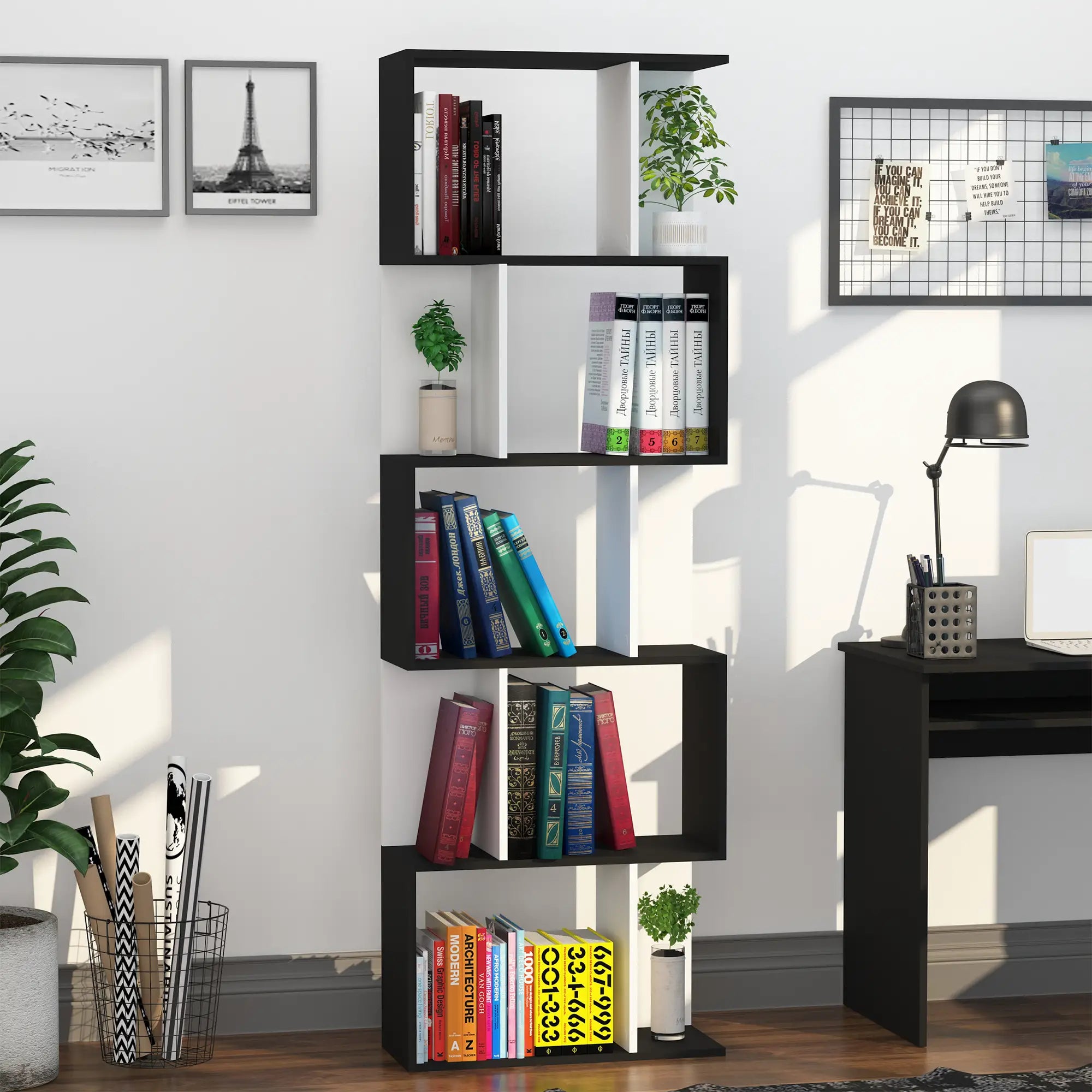 5-Tier Geometric Bookcase, Modern Room Divider, White Display Bookshelves at Gallery Canada