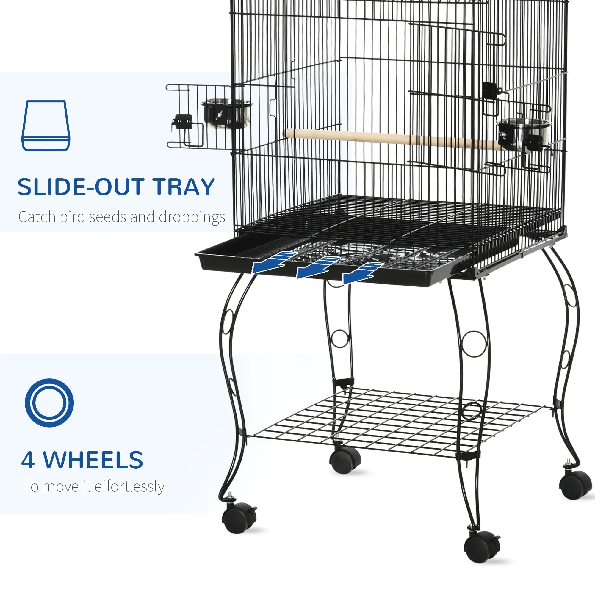 53.9'' Large Rolling Bird Cage, Detachable Stand, Storage Shelf, Black Bird Cages at Gallery Canada
