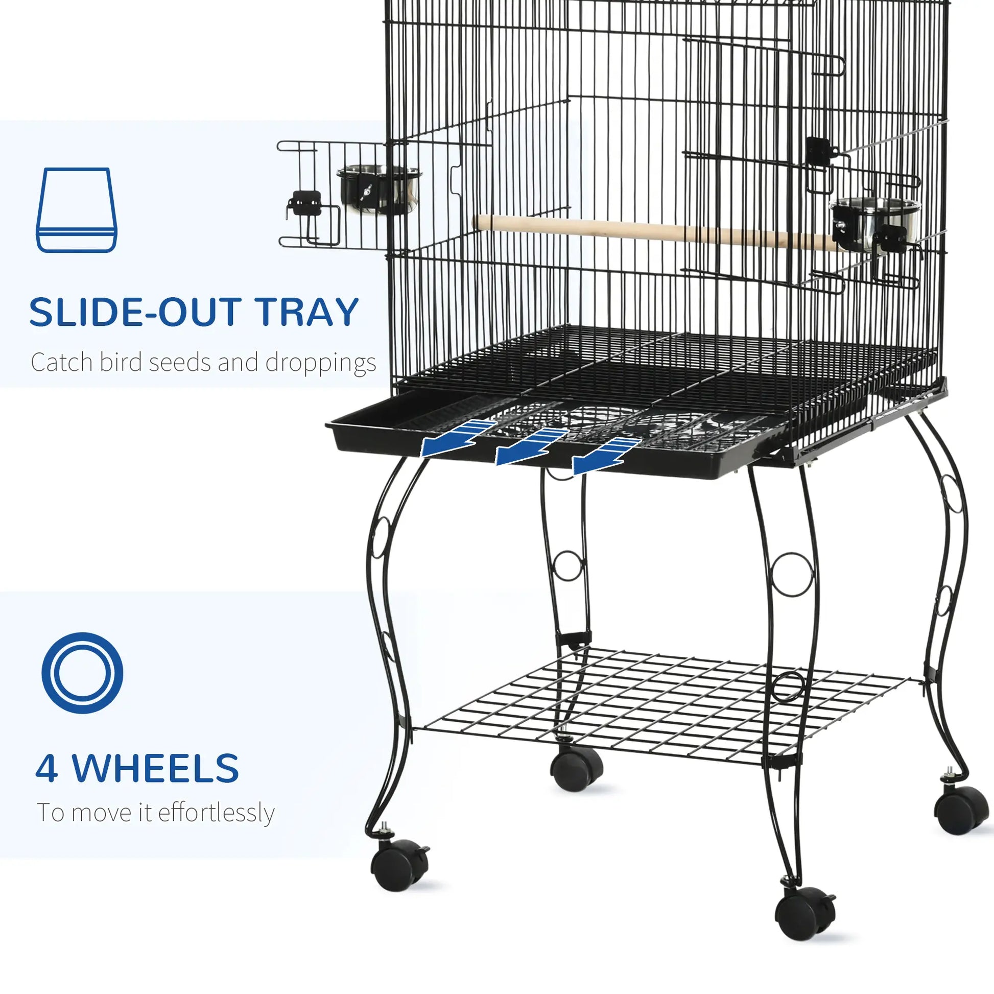 53.9'' Large Rolling Bird Cage, Detachable Stand, Storage Shelf, Black Bird Cages at Gallery Canada