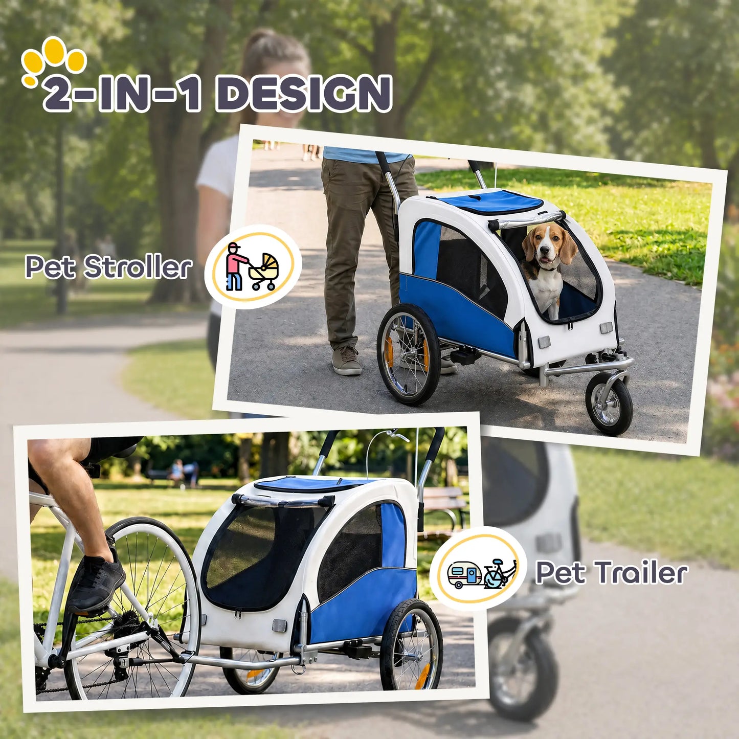2 In 1 Dog Bike Trailer, Foldable Pet Stroller, Light Grey