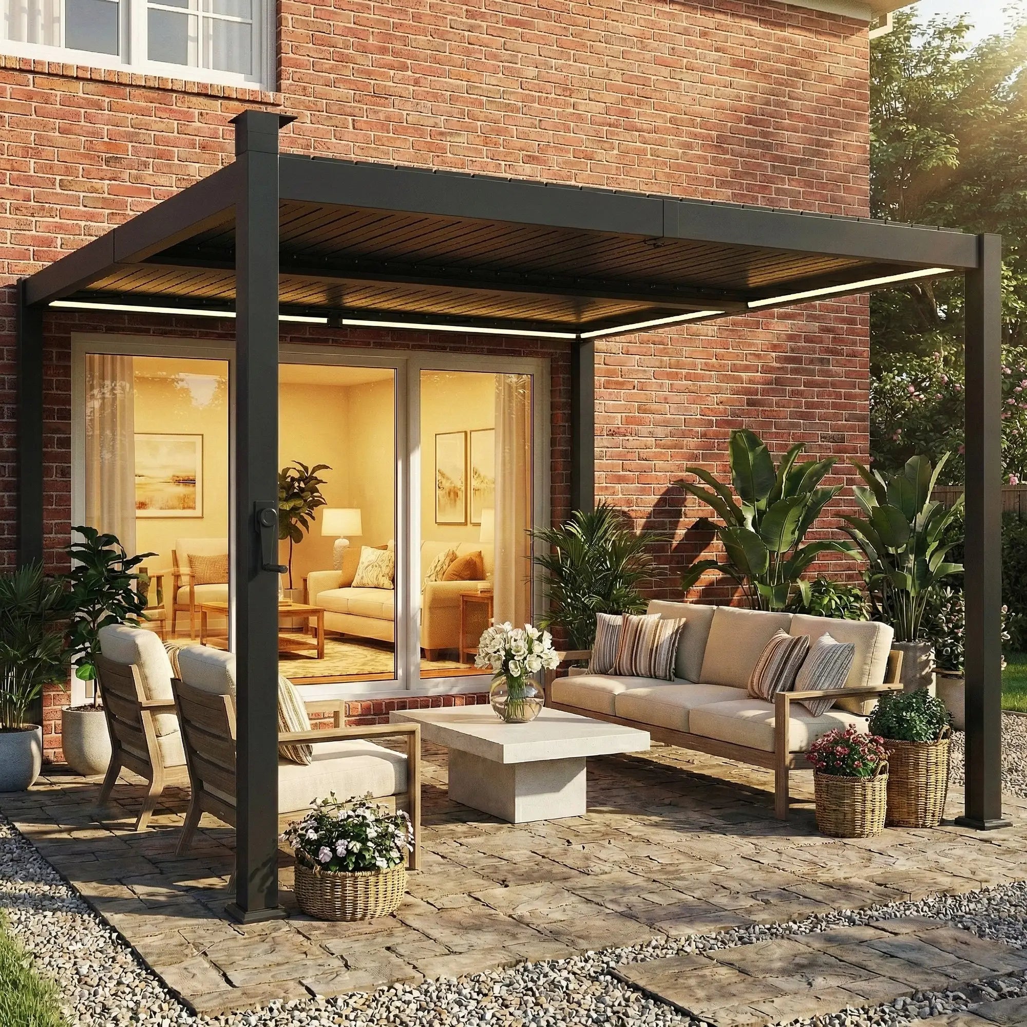 10 x 10 ft Louvered Pergola with Solar LED lights, Metal Roof, Outdoor Pergola Gazebo with Drainage Gutters, Black Pergolas at Gallery Canada