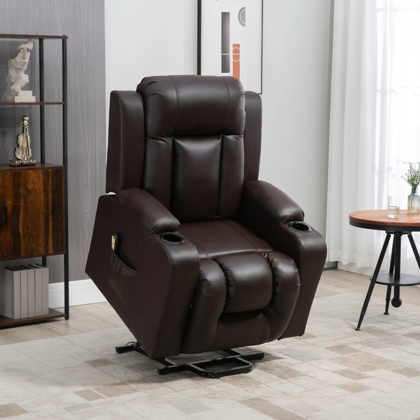 Electric Power Lift Chair, PU Leather Recliner Sofa with Footrest, Remote Control and Cup Holders, Brown Electric Power Lift Chairs at Gallery Canada