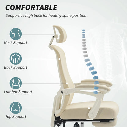 Ergonomic Office Chair, Mesh Reclining Desk Chair, Adjustable Lumbar Support, Headrest, Beige Office Chairs at Gallery Canada