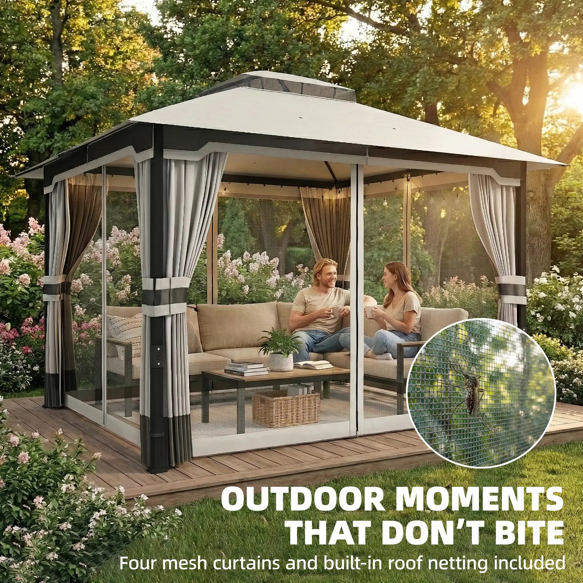 10' x 12' Patio Gazebo, Double Roof Canopy Shelter, Steel Frame, Light Grey Gazebos at Gallery Canada