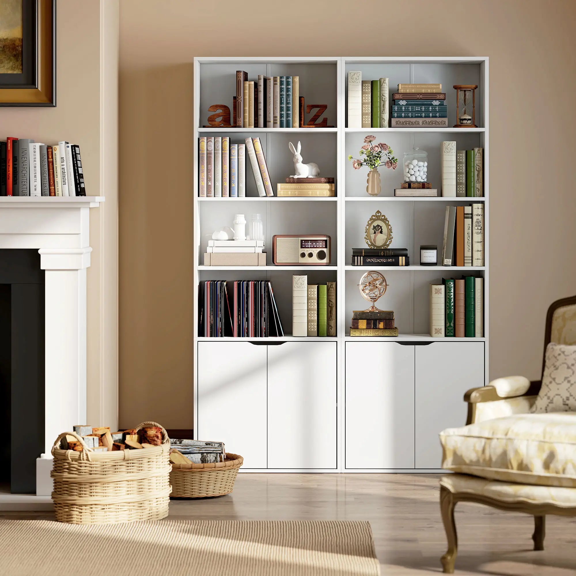 4-Tier Open Bookshelf with Doors, Home Office Bookcase, White White Bookshelves at Gallery Canada