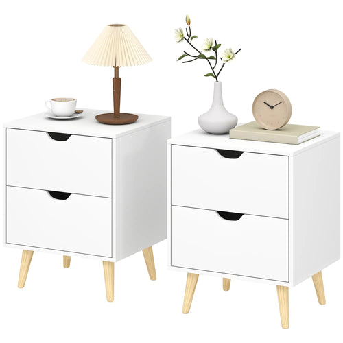 White Nightstand Set Of 2, 2 Drawers With Pine Wood Legs, White