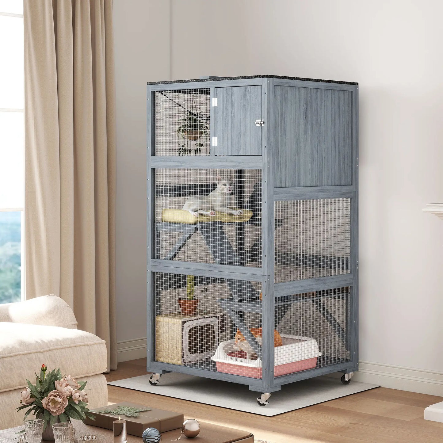 66"H Cat Enclosure On Wheels, With Hammock Platforms Ramps, Grey Outdoor Cat Enclosures at Gallery Canada