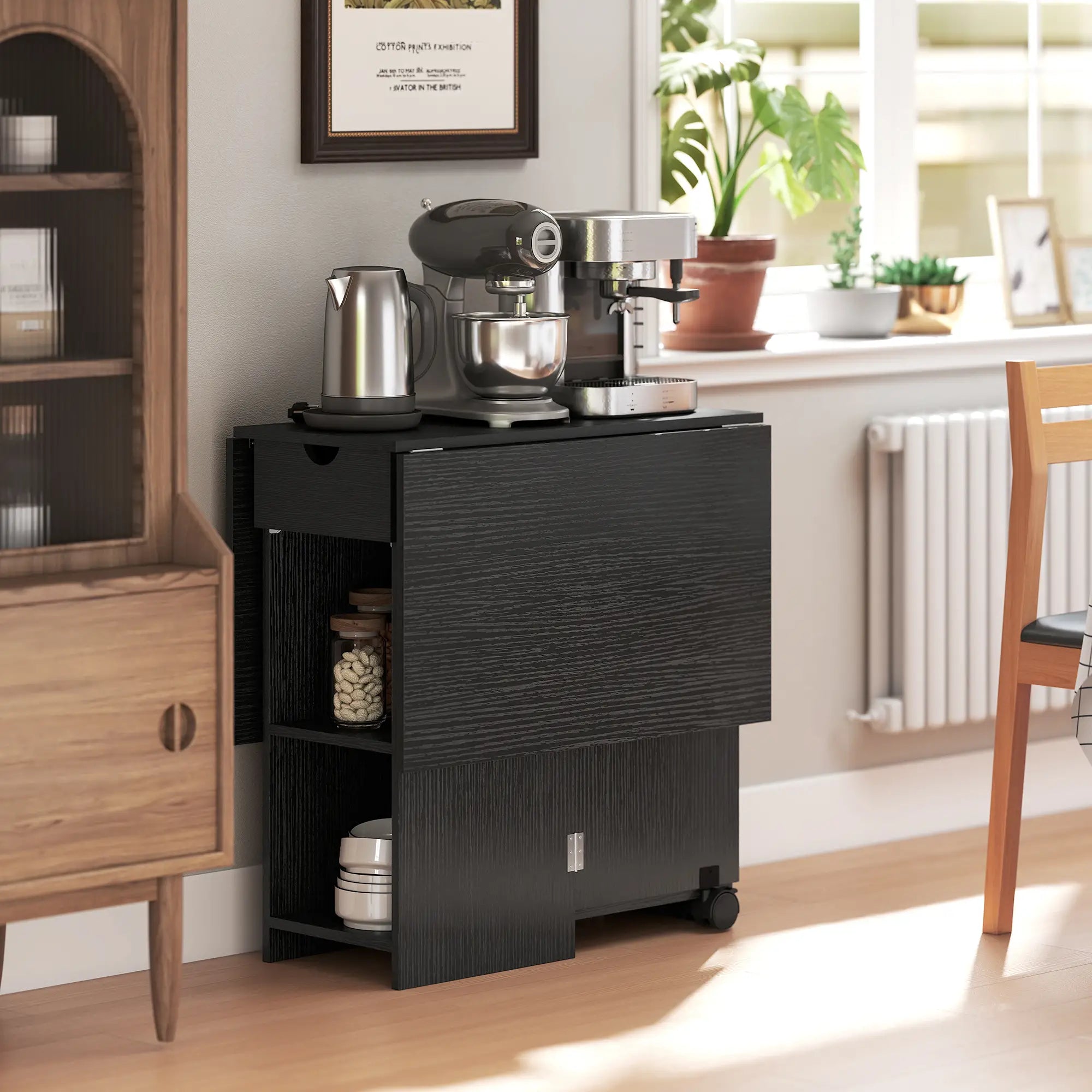 Folding Drop Leaf Kitchen Table with Drawer and Shelves, Black Dining Tables at Gallery Canada