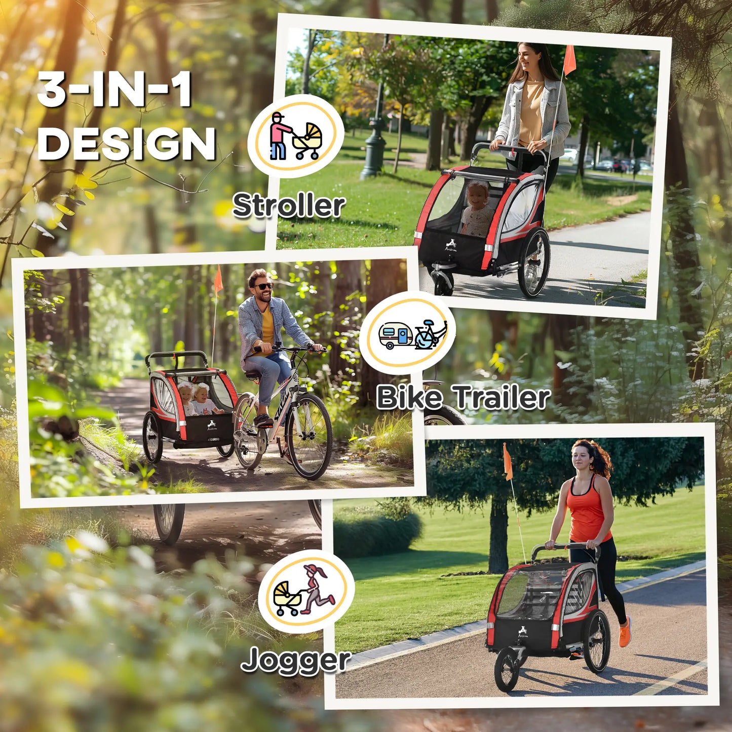 3-In-1 Bike Trailer, Running Stroller, 2 Seats, 5-Point Harness, Storage, Red Kids Bike Trailers at Gallery Canada