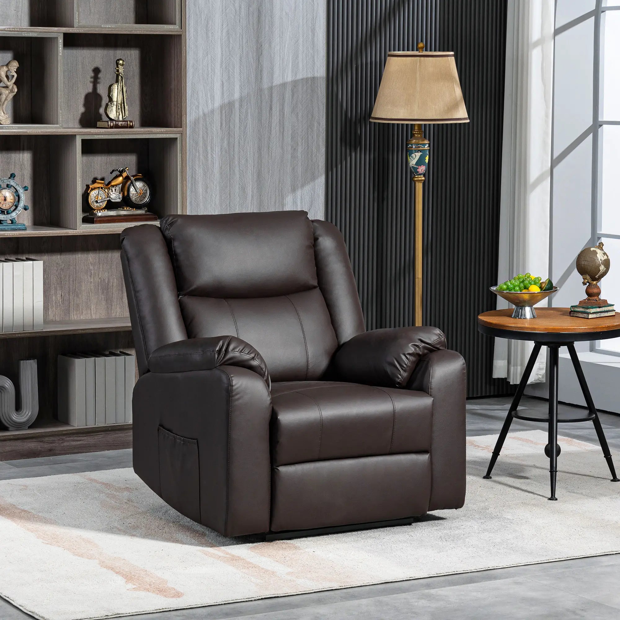 PU Leather Reclining Chair, Recliner Chair for Living Room with Footrest and 2 Side Pockets, Brown Single Sofas at Gallery Canada