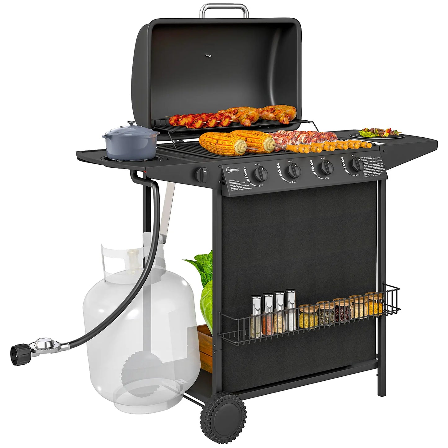 4+1 Burner Propane Gas BBQ Grill, Portable With Side Burner, Thermometer, Black Propane Gas Grills at Gallery Canada