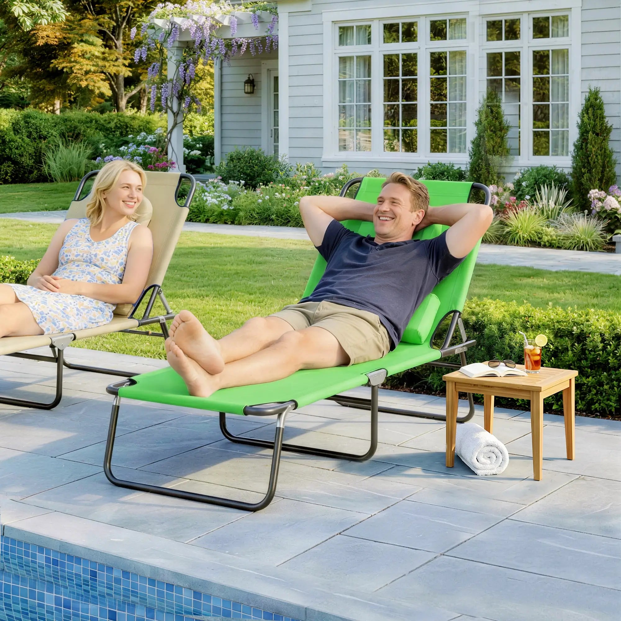 Adjustable Outdoor Lounge Chair, Folding Chaise with Face Hole, Green Lounger Chairs at Gallery Canada