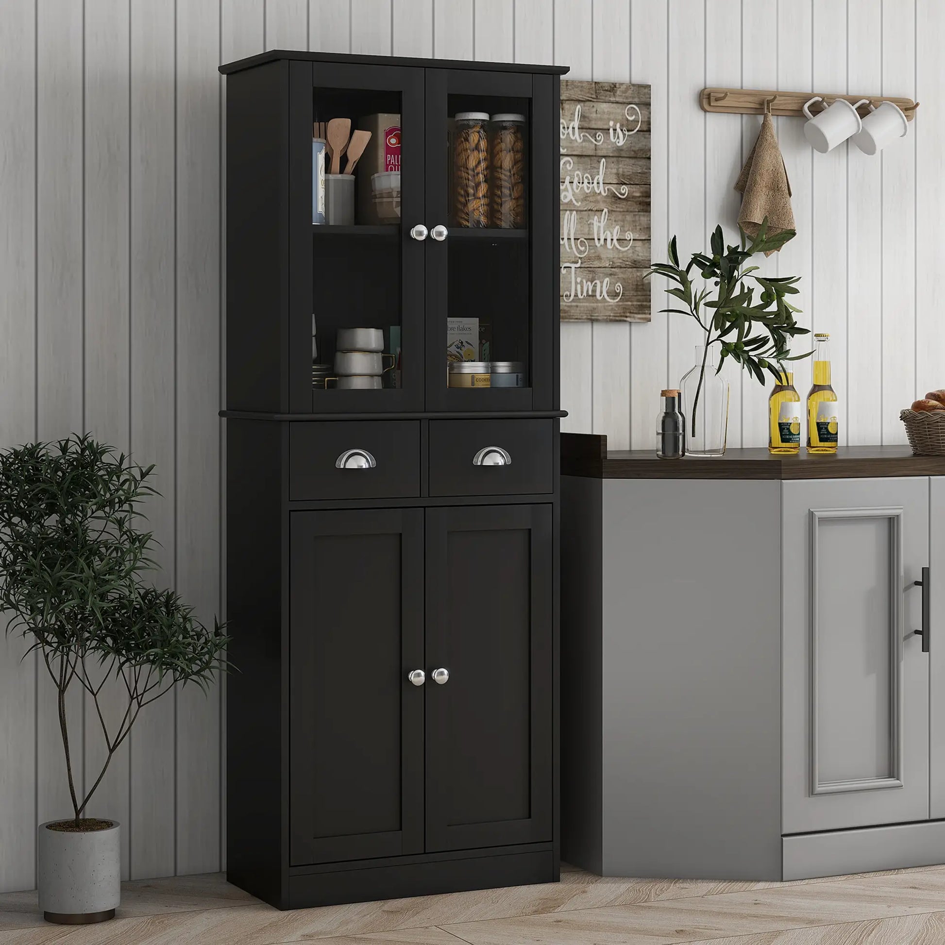 61" Kitchen Pantry Cabinet, Freestanding Farmhouse, Black Kitchen Pantry Cabinets at Gallery Canada