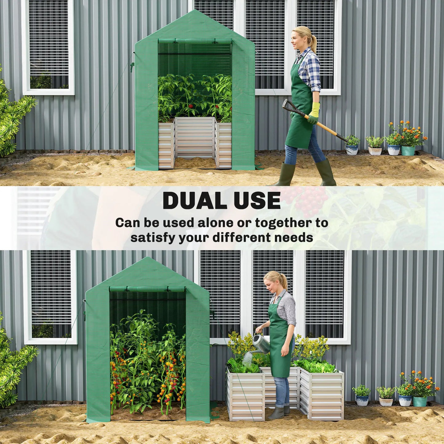 Greenhouse With Raised Garden Bed, Galvanized Metal Planter Box, 56" x 56" x 75", Green Portable Greenhouses at Gallery Canada