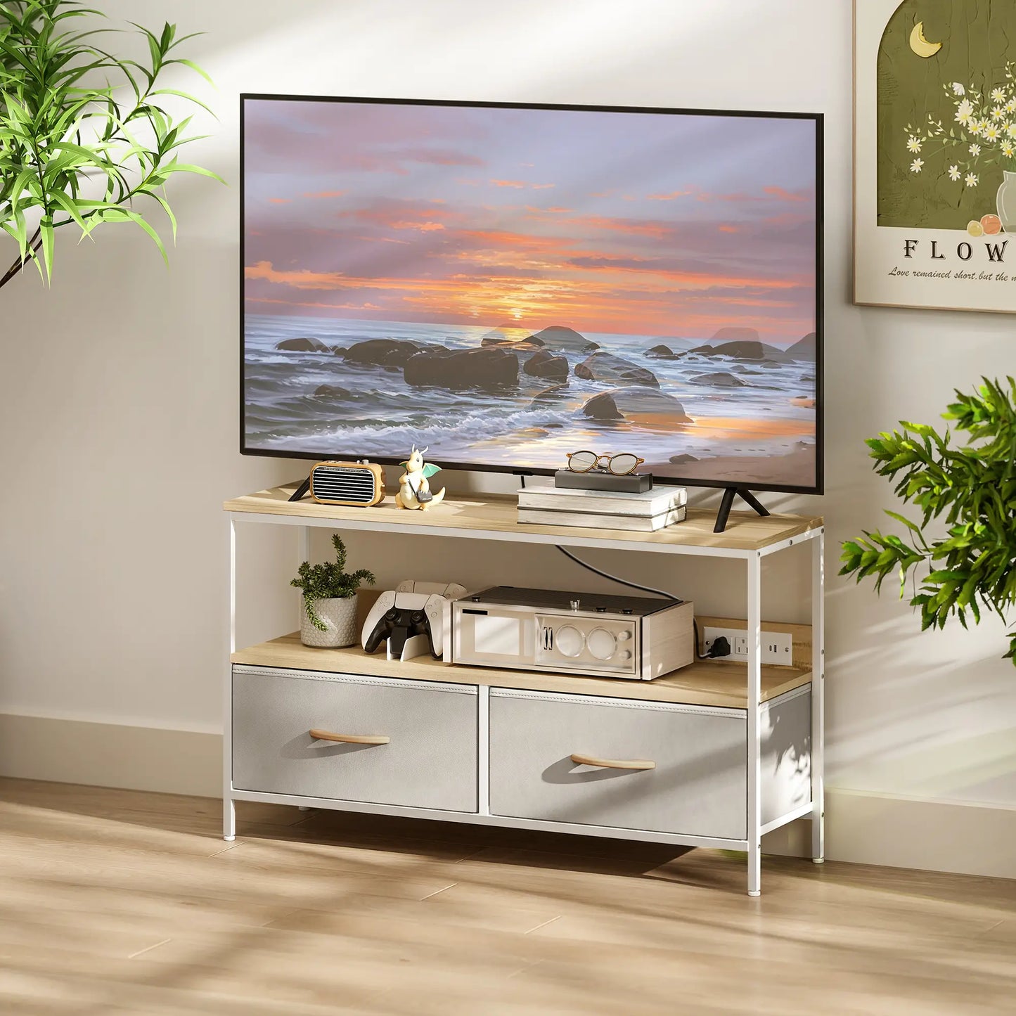 TV Stand With Charging Station, 2 Foldable Drawers, Open Shelf, 47 Inch, Oak TV Stands at Gallery Canada