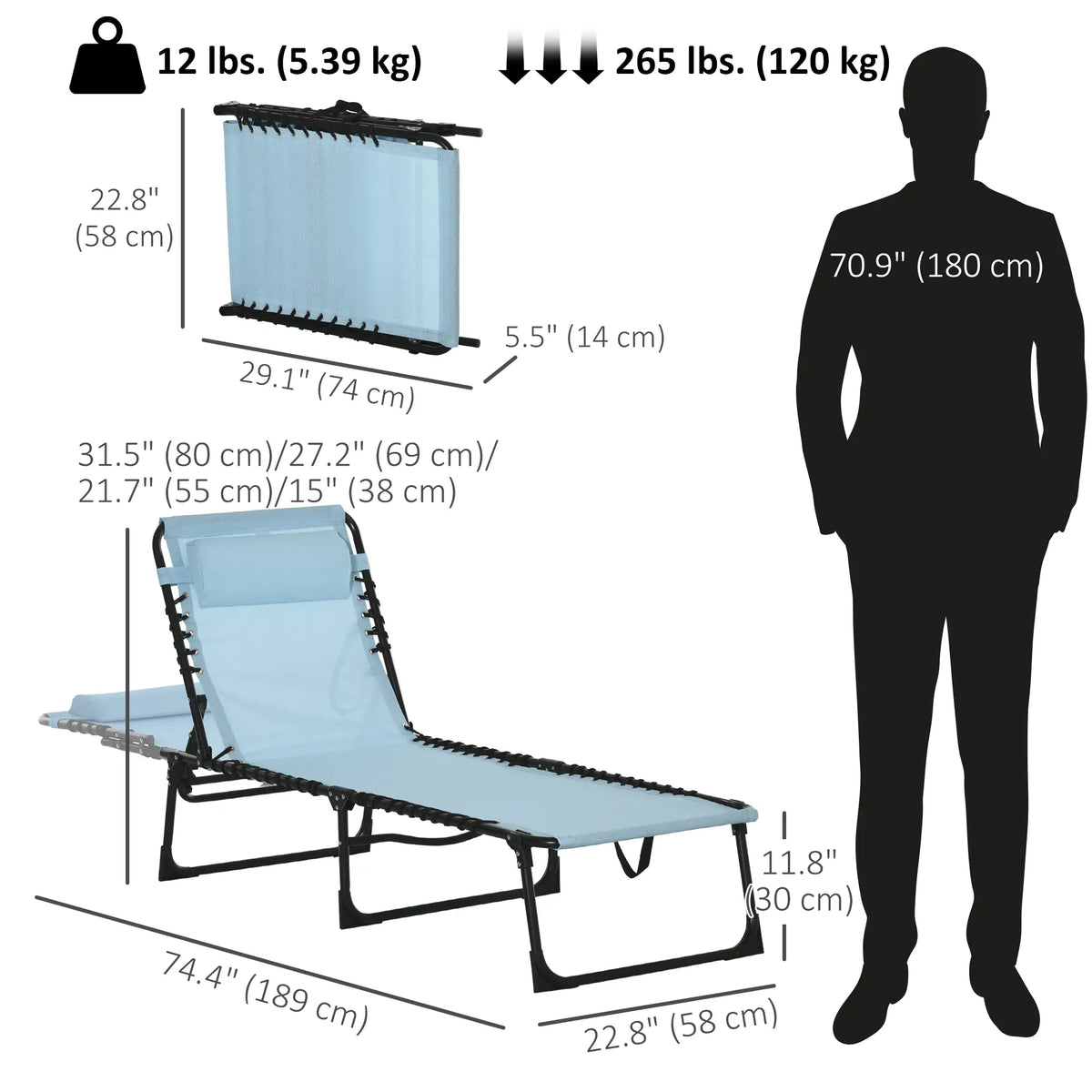 Outdoor Folding Lounge Chair, 4-Level Adjustable, Light Blue Lounger Chairs at Gallery Canada