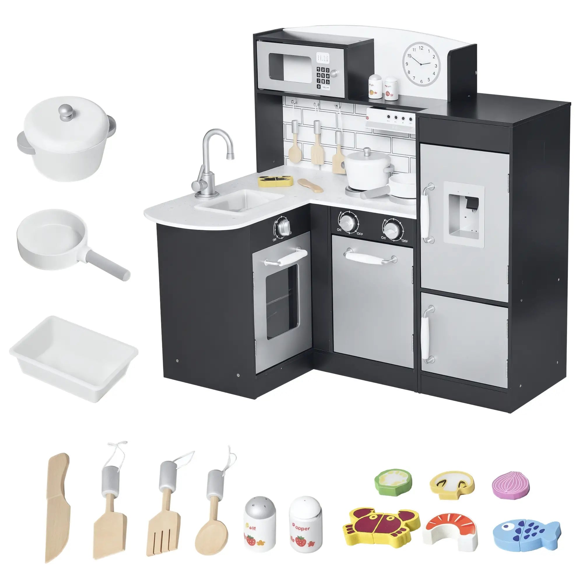Kids Kitchen Play Set, Drinking Fountain, Microwave, Dark Brown Play Kitchen Dark Brown, Silver at Gallery Canada