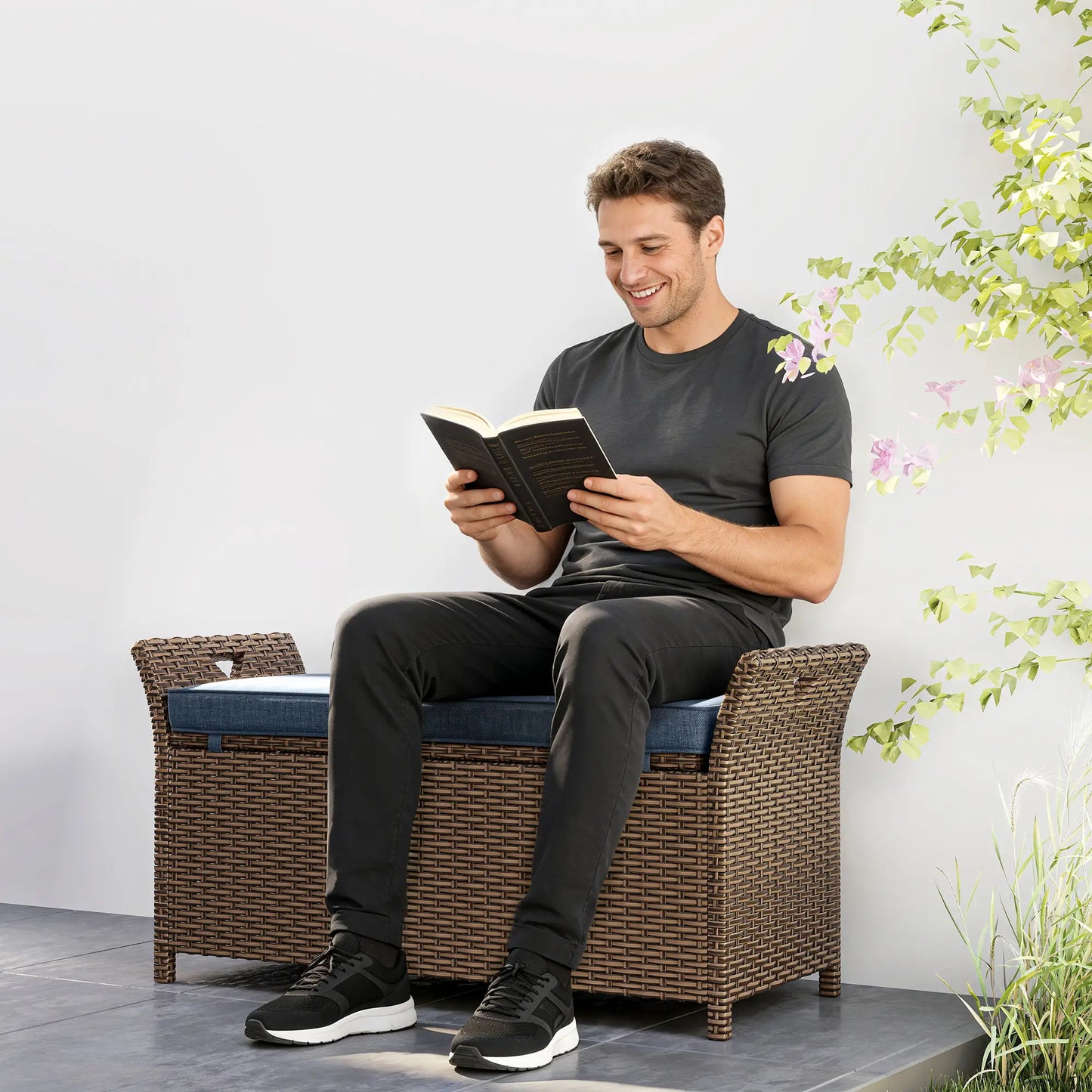 29 Gallon Wicker Deck Box, Outdoor Storage Bench, Navy Blue Patio Storage Boxes at Gallery Canada