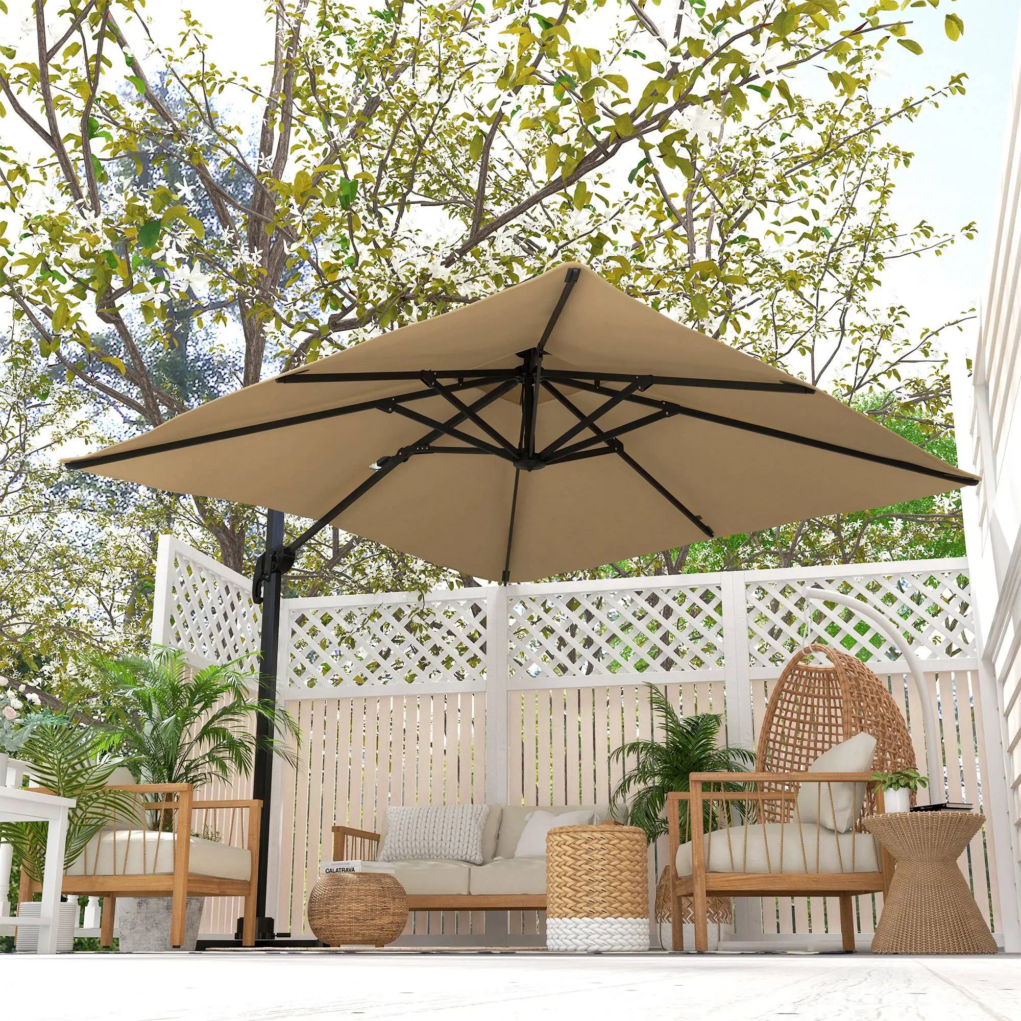 10ft Square Cantilever Patio Umbrella, 360° Rotating, Crank Handle, Khaki Offset Cantilever Umbrellas at Gallery Canada