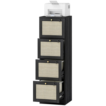 4 Drawer Filing Cabinet with Lock, Boho Style, A4 Letter Size, Black Office Cabinets & Cupboards Black at Gallery Canada