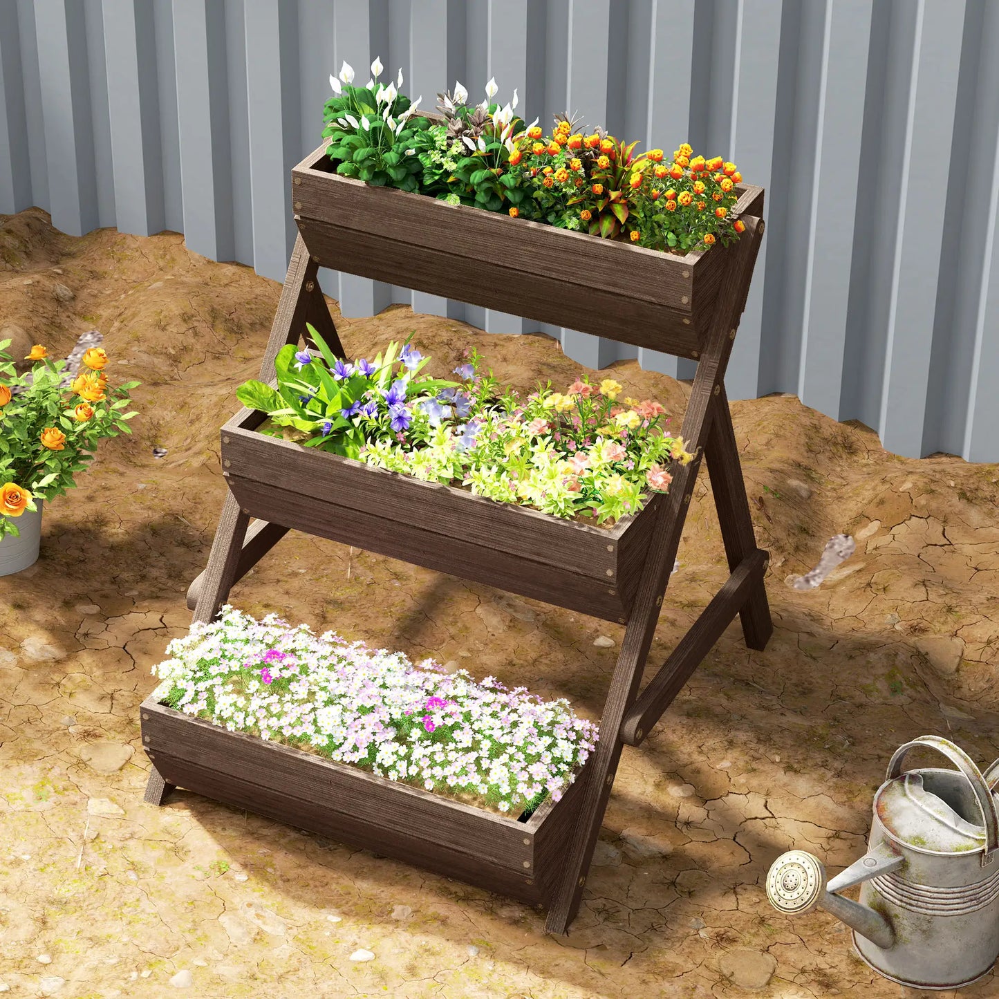 3 Tier Elevated Planter Box, Wooden Raised Garden Bed, 26" x 30" x 30", Carbonized Elevated Garden Beds at Gallery Canada