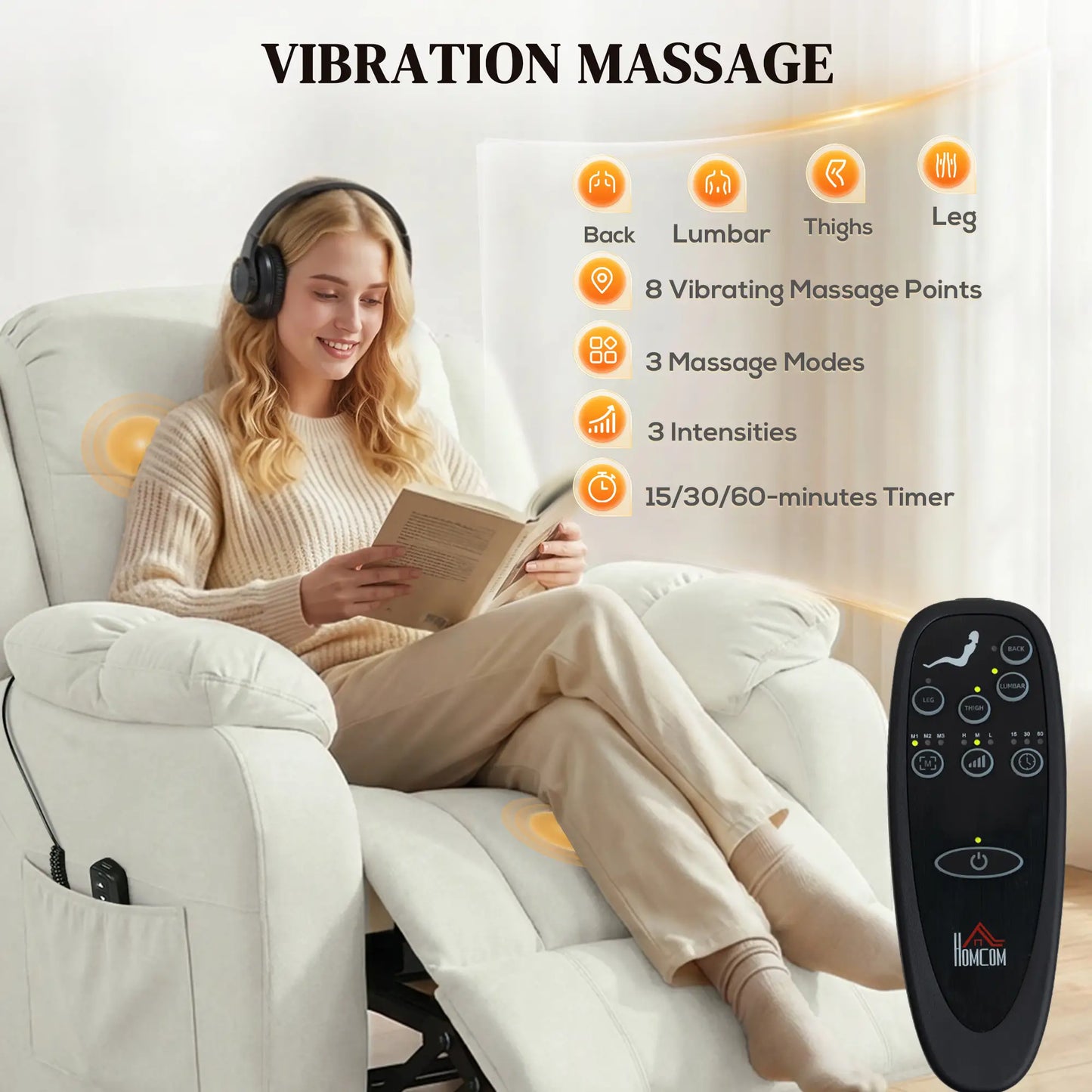 Massage Recliner Chair, Quiet Brushless Motor, Pet-Friendly Fabric, 2 Memory Positions, Cream White Single Sofas at Gallery Canada