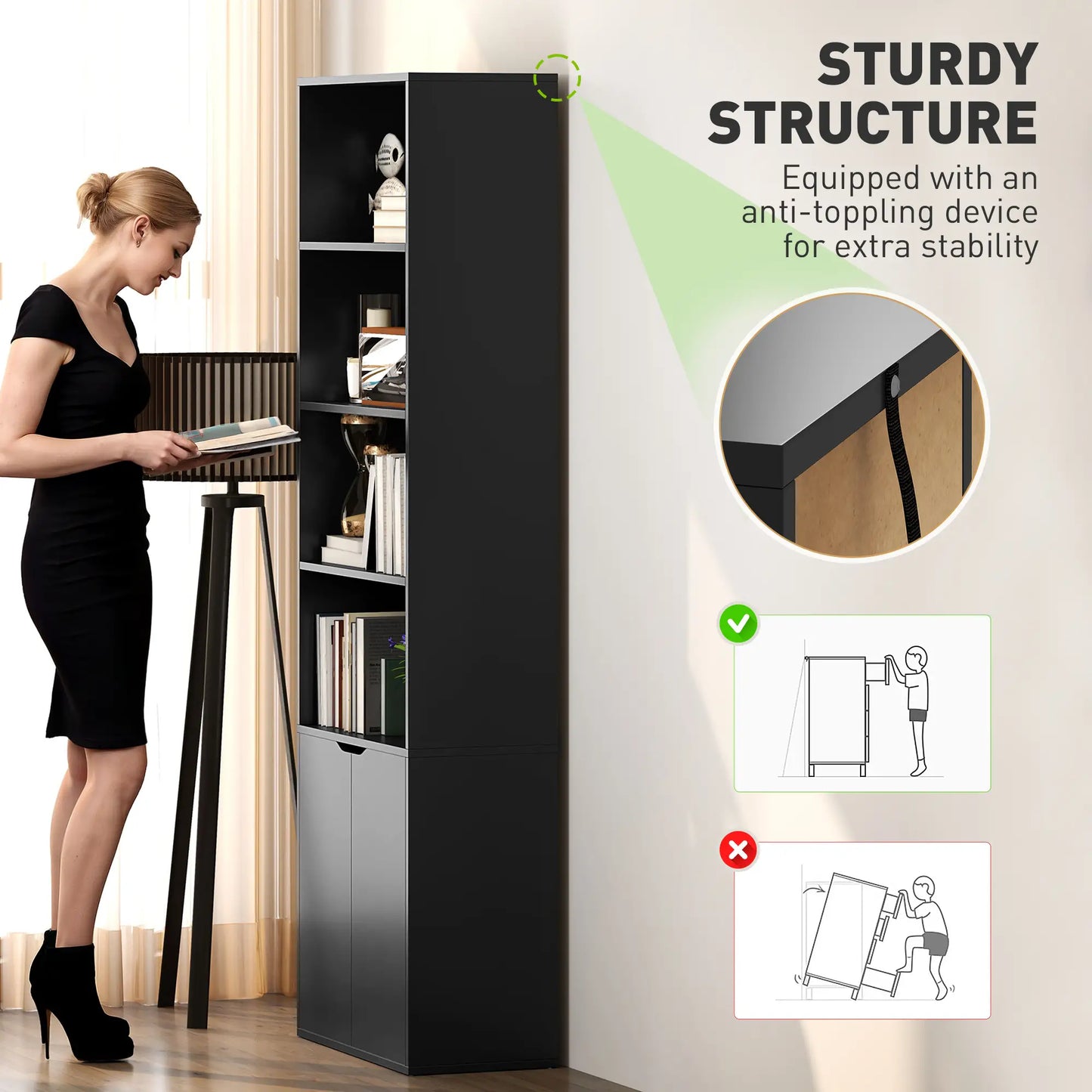 4-Tier Open Bookshelf with Doors, Home Office Storage, Black Bookcases With Doors at Gallery Canada