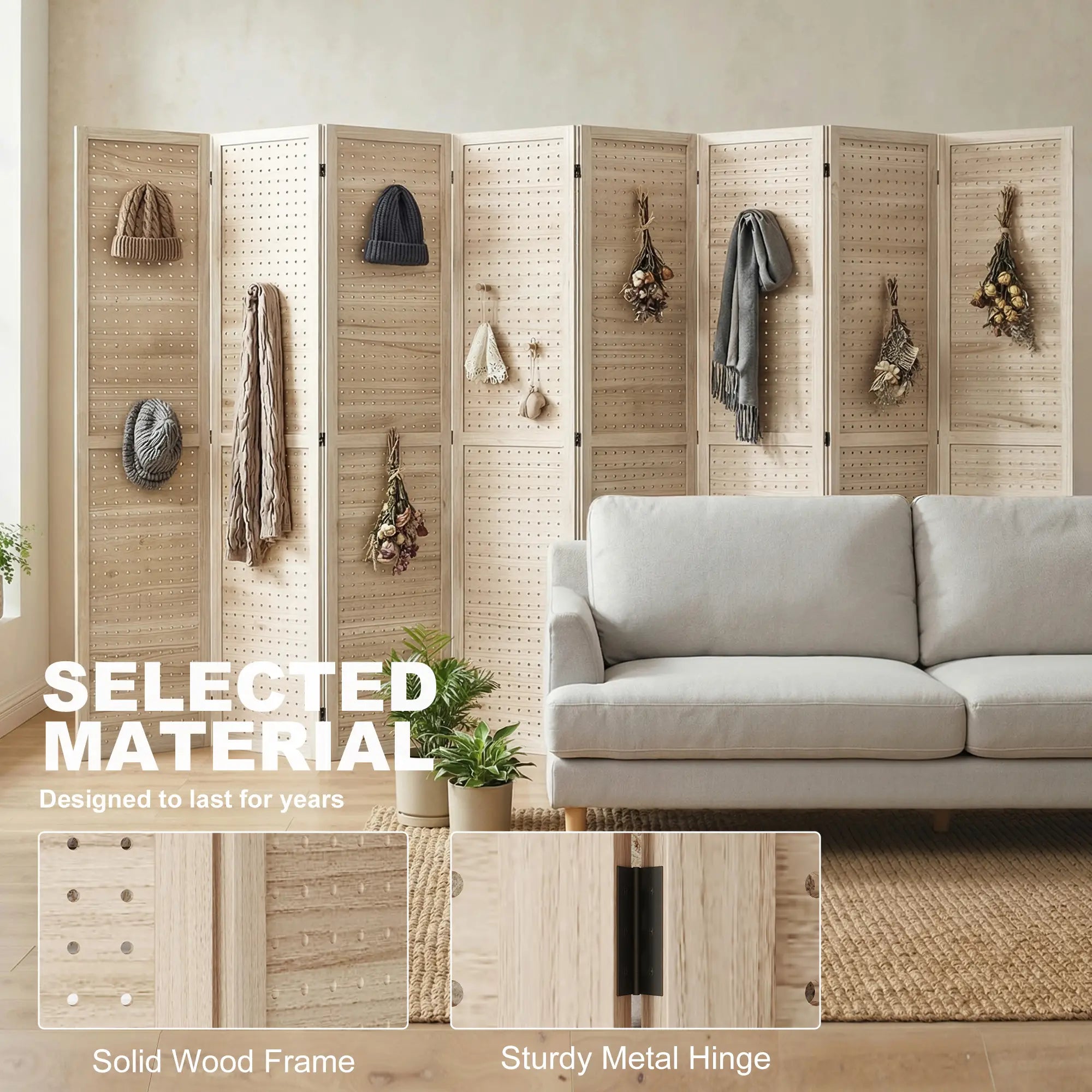 5.6 Ft. 8-Panel Room Divider, Pegboard Privacy Screen, Partition Wall, Natural Room Dividers at Gallery Canada