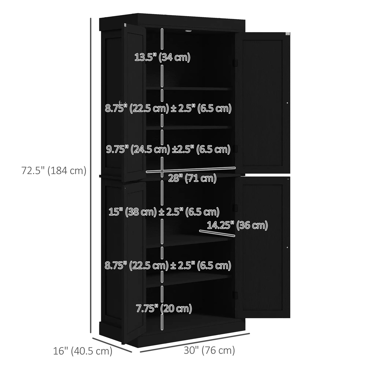 72.5" Freestanding Kitchen Pantry, 4 Doors, Black Kitchen Pantry Cabinets at Gallery Canada