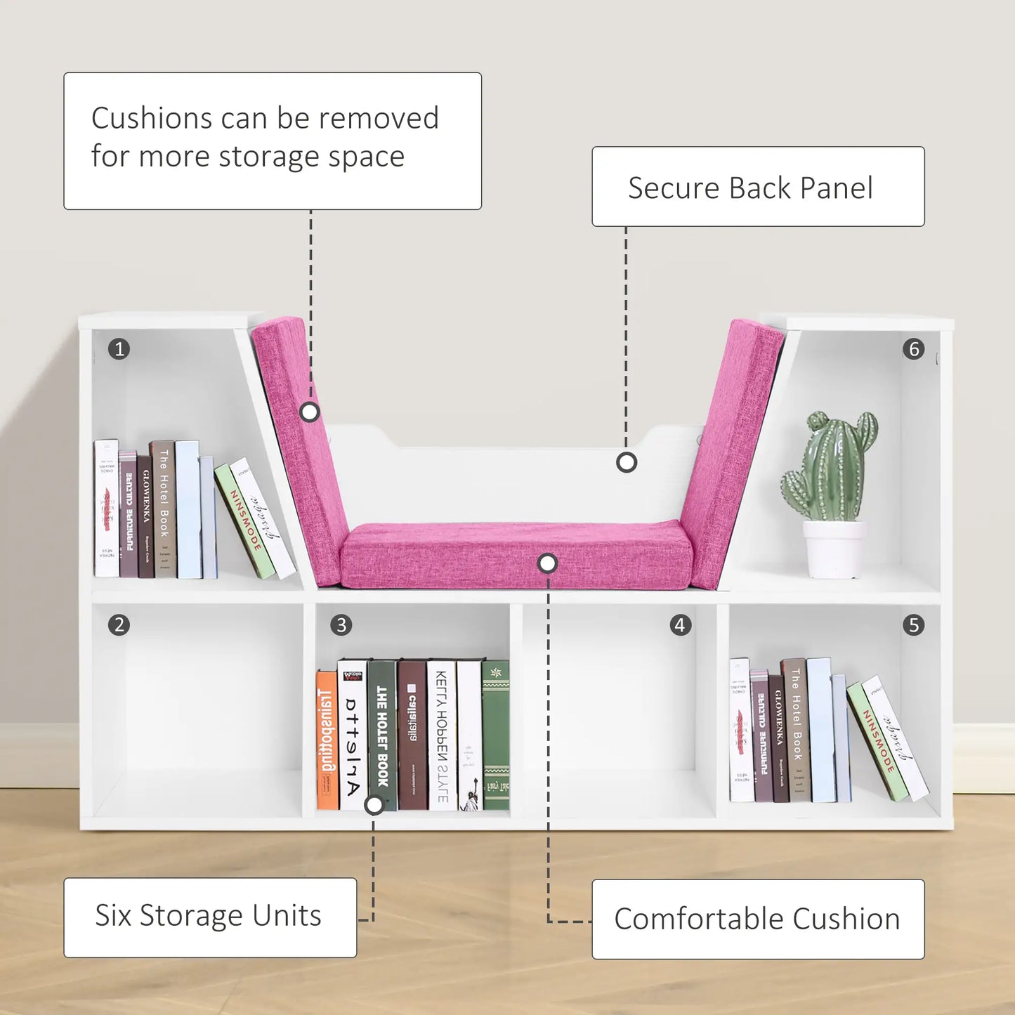 6-Cubby Bookcase with Seat Cushion, Cube Storage Shelf, Pink Small Bookshelves at Gallery Canada