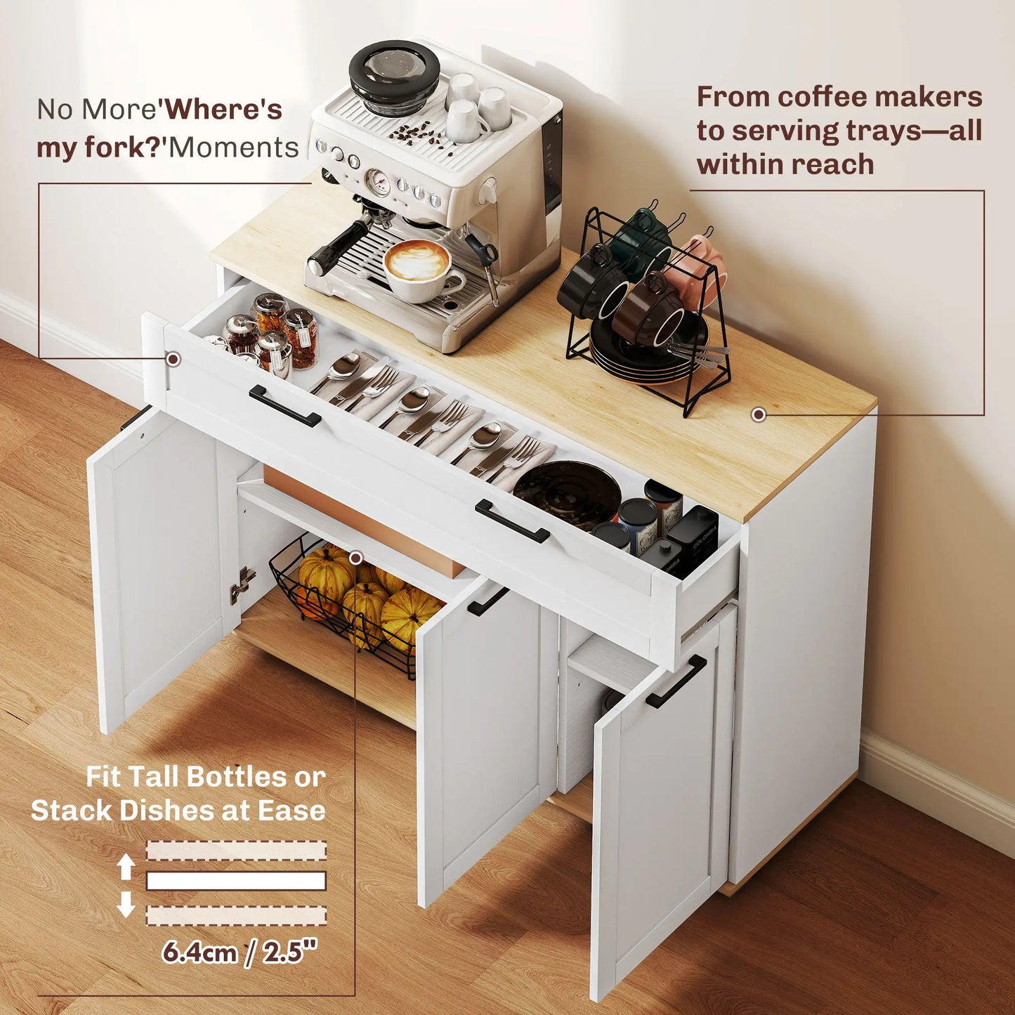 Modern 40" Sideboard Buffet Cabinet, 3 Doors, 2 Shelves, White Bar Cabinets at Gallery Canada