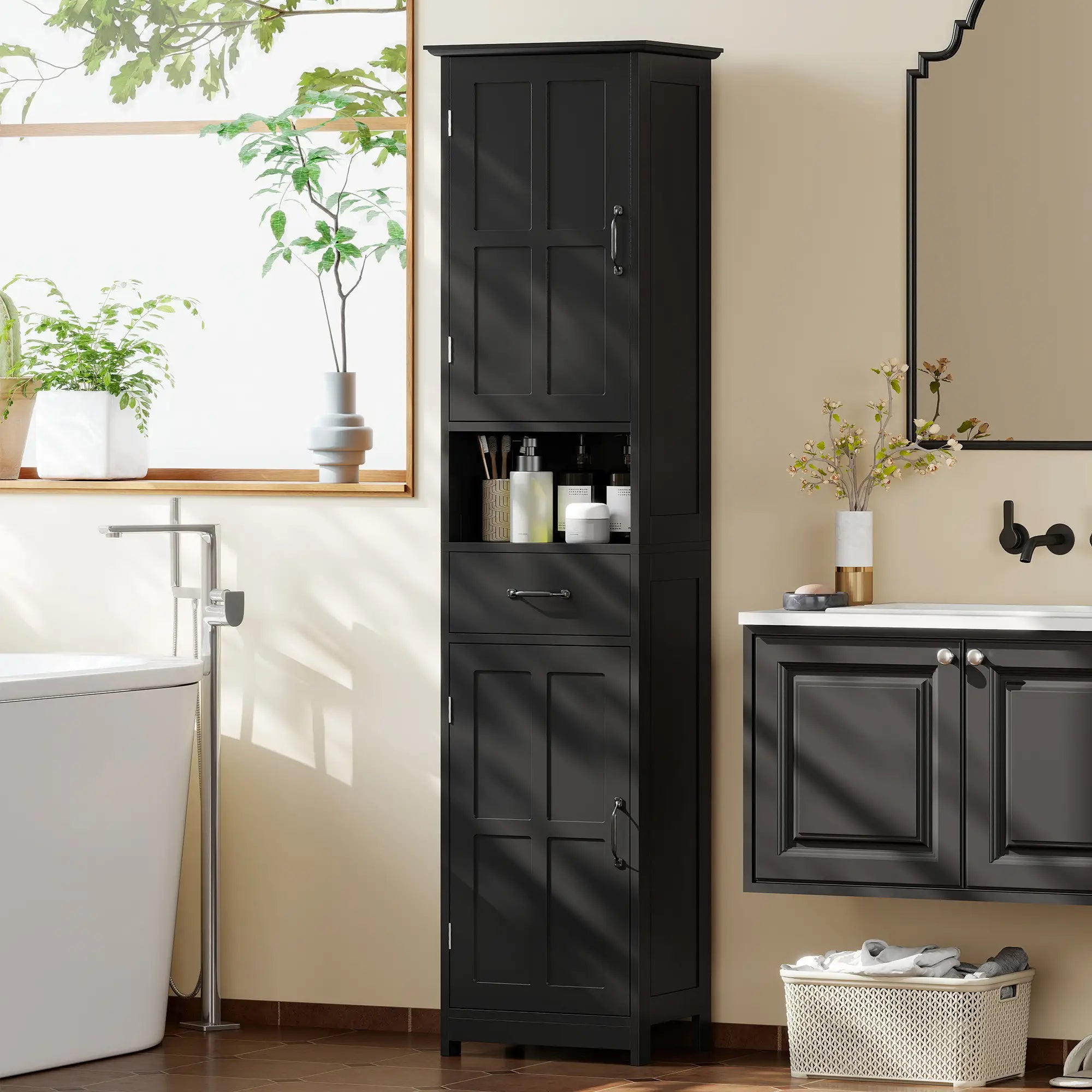 Modern Bathroom Cabinet, Narrow Vanity with Shelf and Drawer, Black Freestanding Bathroom Cabinets at Gallery Canada