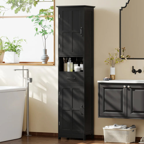 Modern Bathroom Cabinet, Narrow Vanity with Shelf and Drawer, Black