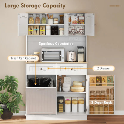 68 Inch Pantry Cabinet with Charging Station, Microwave Stand, Trash Can, White Kitchen Pantry Cabinets at Gallery Canada