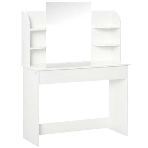 Wood Dressing Table With Makeup Mirror, Big Drawers, Open Shelf, White