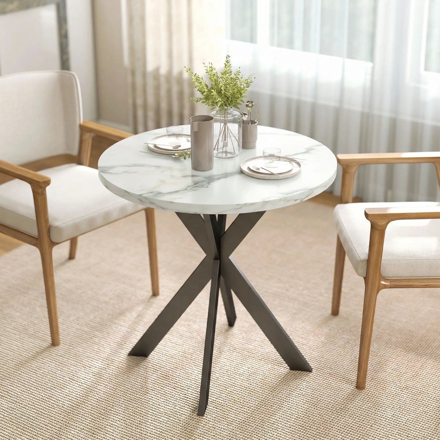 29" Round Dining Table, White Marble-Effect, Steel Legs, White Dining Tables at Gallery Canada