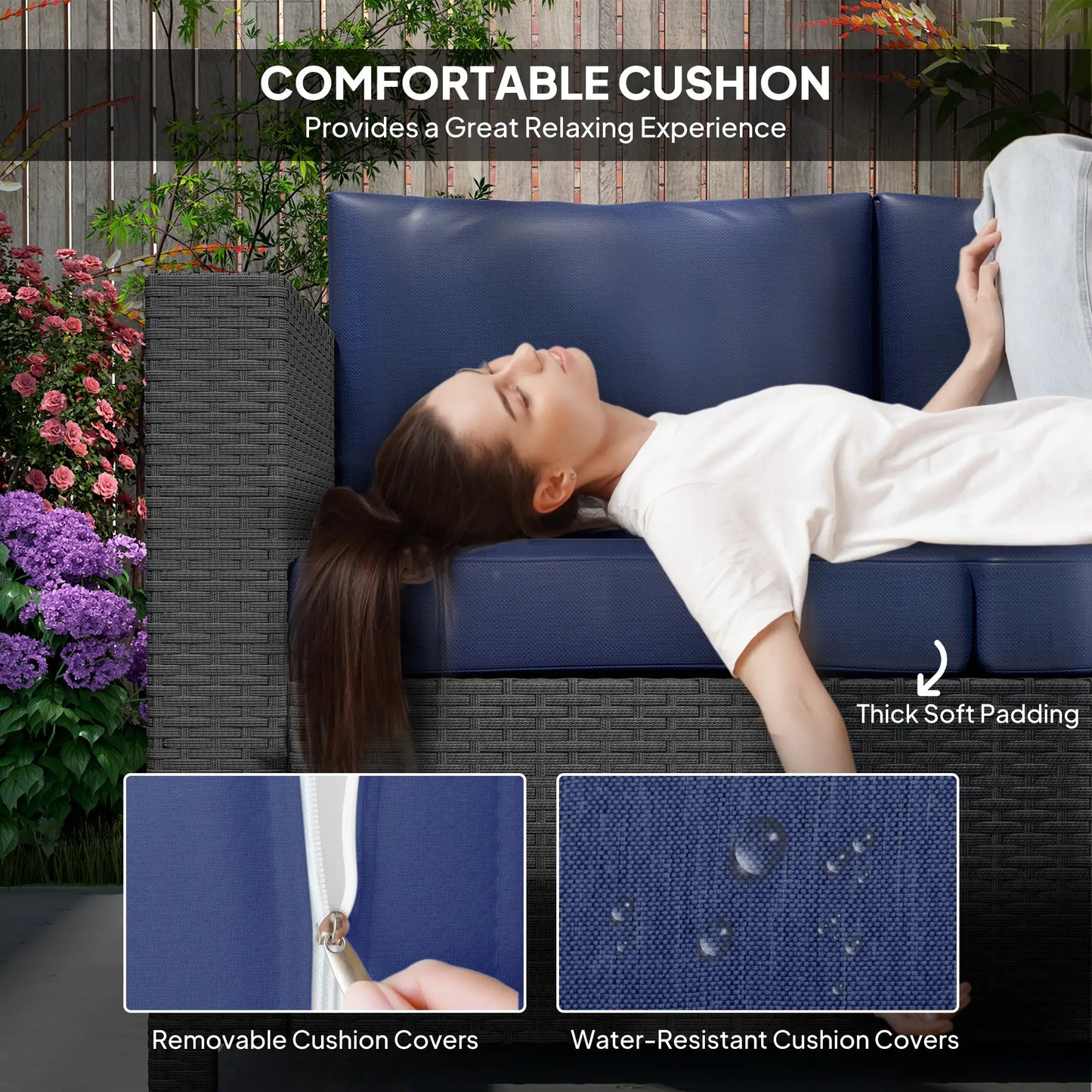 3 Seat Rattan Wicker Sofa, Outdoor Patio Furniture, Navy Blue Patio Furniture Sets at Gallery Canada