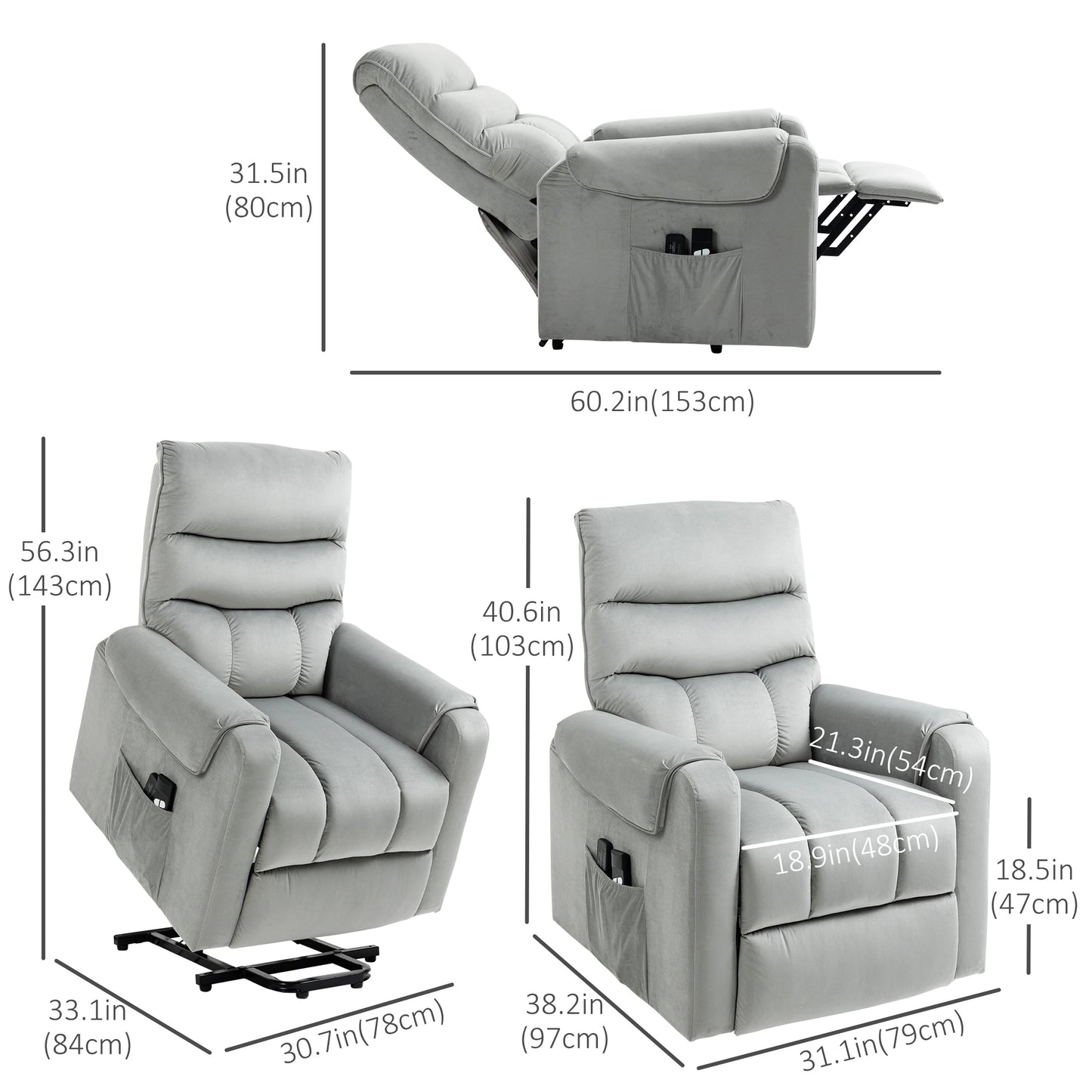 Lift Chair, Massage Recliner with 8 Vibration Points, Footrest, Remote, Grey Electric Power Lift Chairs at Gallery Canada
