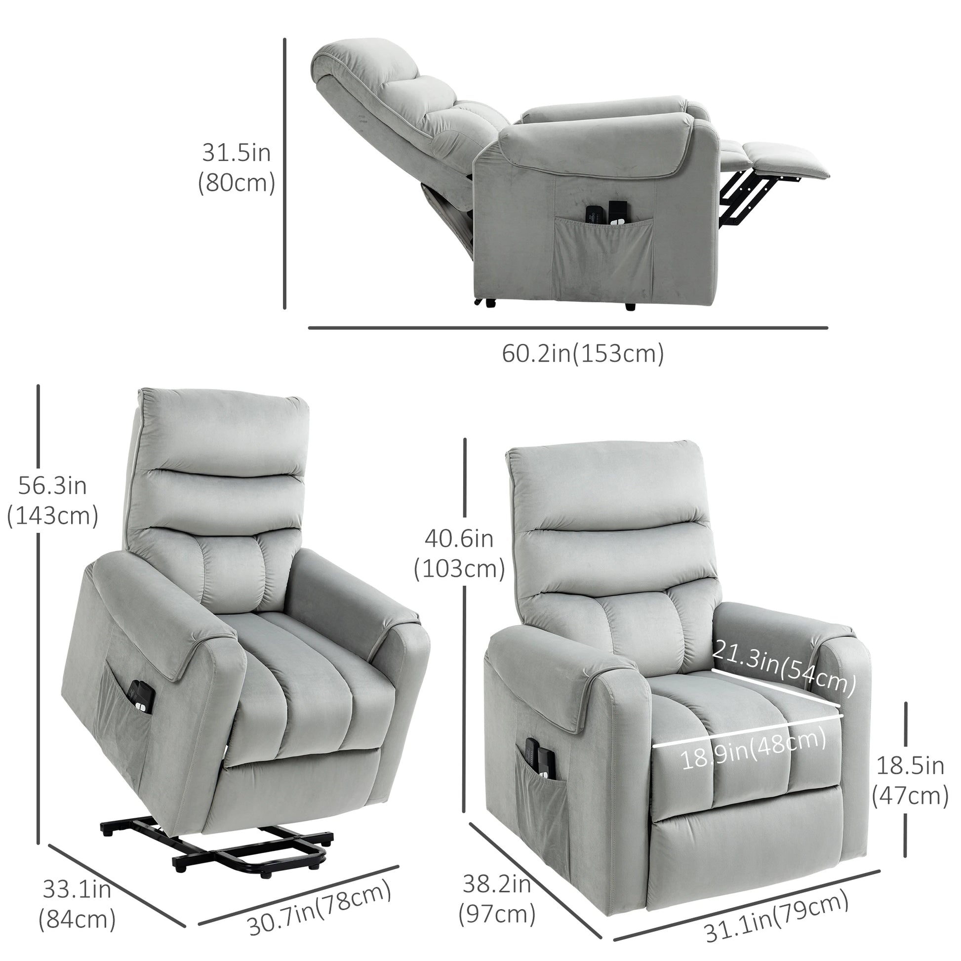 Lift Chair, Massage Recliner with 8 Vibration Points, Footrest, Remote, Grey Electric Power Lift Chairs at Gallery Canada